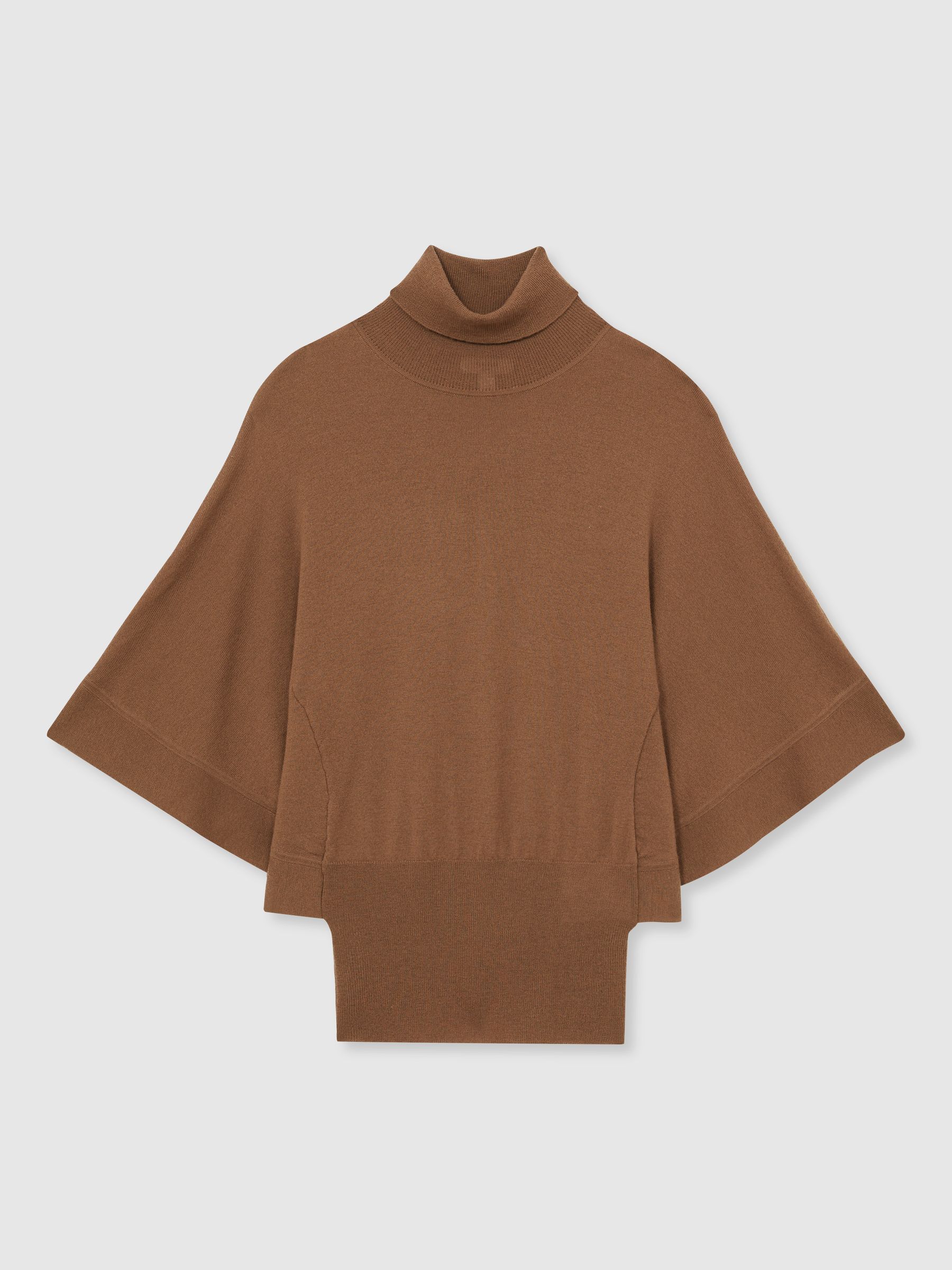 Merino Wool Batwing Roll-Neck Jumper in Tan - Image 2 of 5