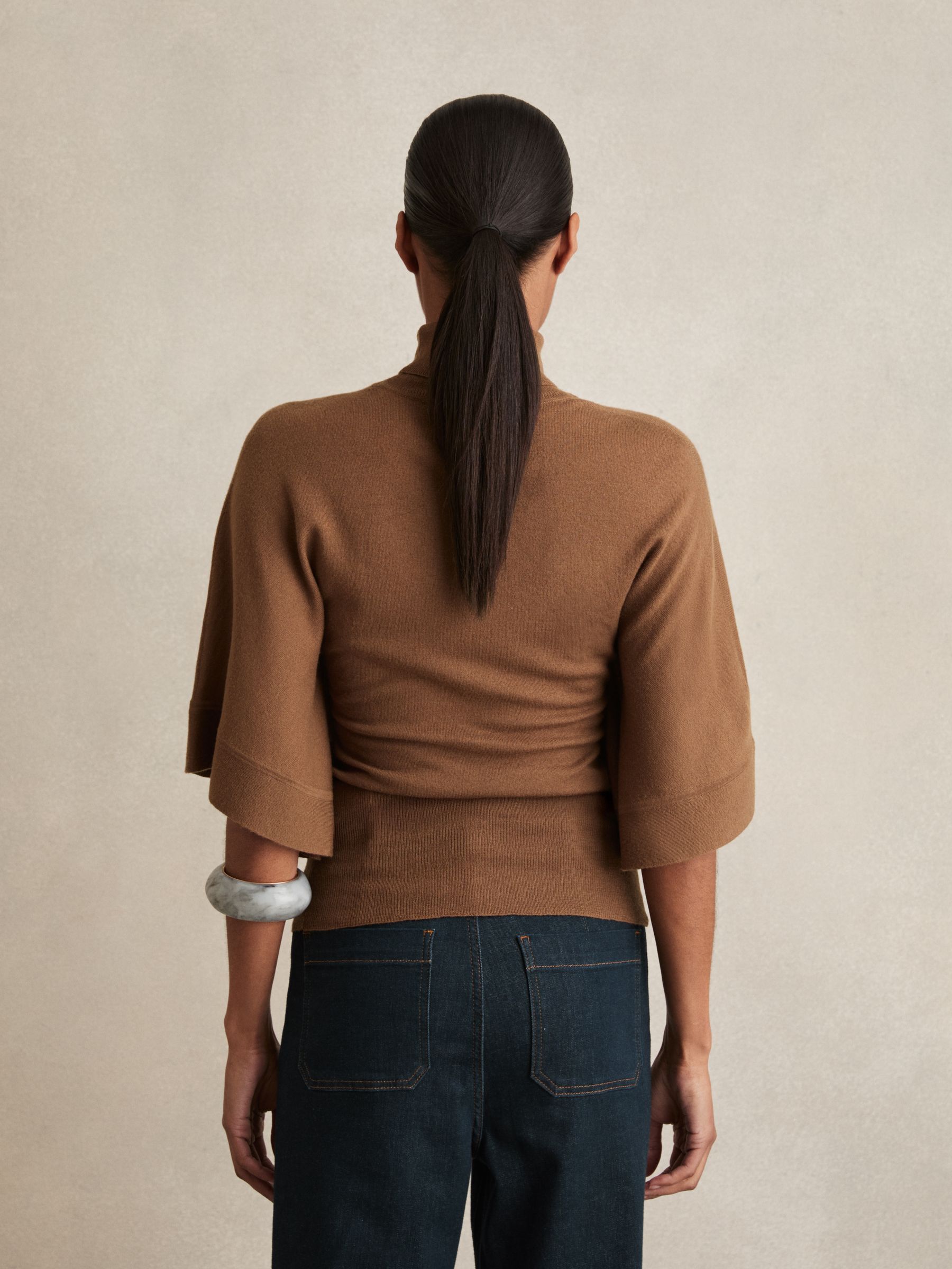 Merino Wool Batwing Roll-Neck Jumper in Tan - Image 4 of 5