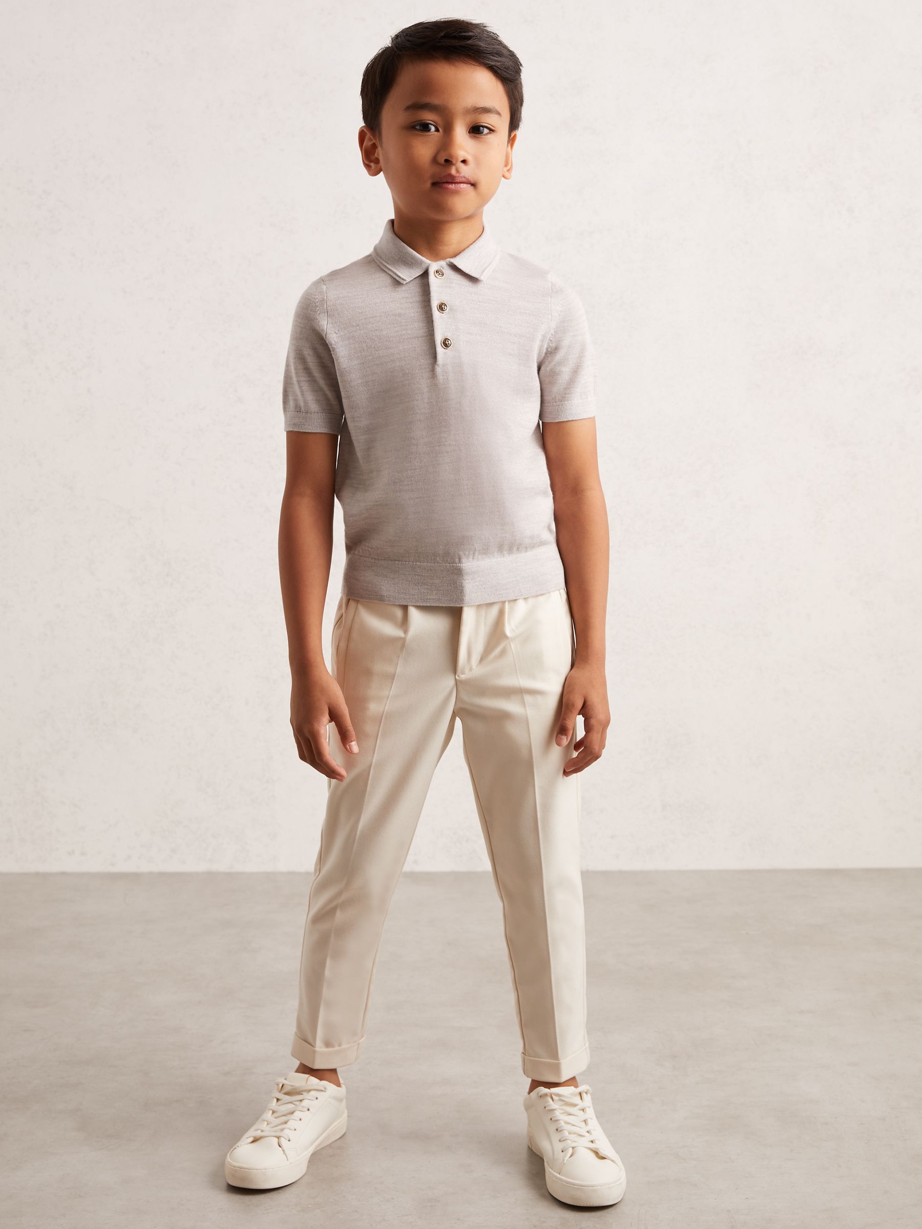 3-9 yrs Merino Wool Short Sleeve Polo Shirt in Wicker Melange - Image 1 of 4 3-9 yrs Merino Wool Short Sleeve Polo Shirt in Wicker Melange - Image 1 of 4