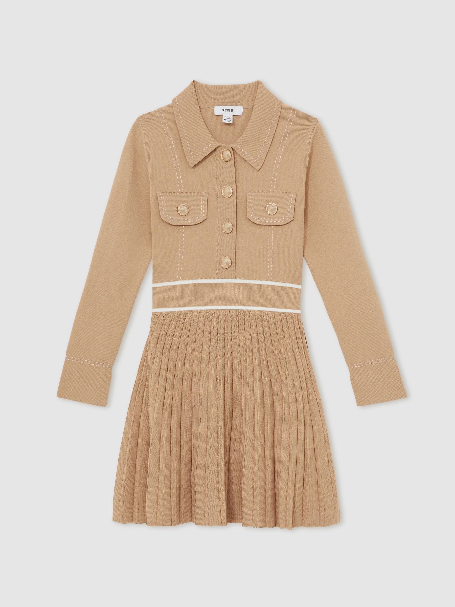 3-9 yrs Button-Detail Stripe Knitted Dress in Camel - Image 2 of 5