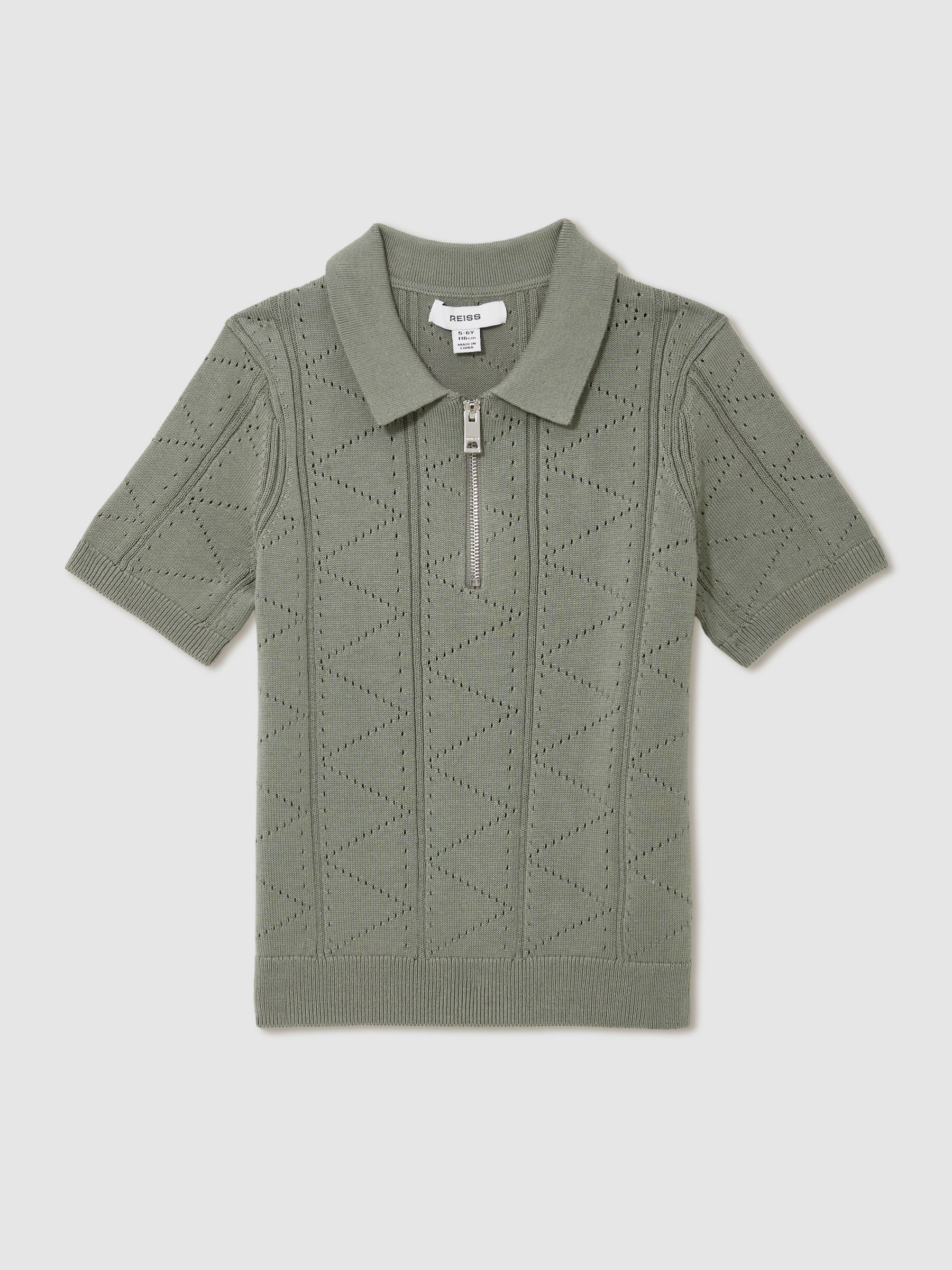 9-13 yrs Half-Zip Pointelle Polo Shirt in Sage - Image 2 of 4