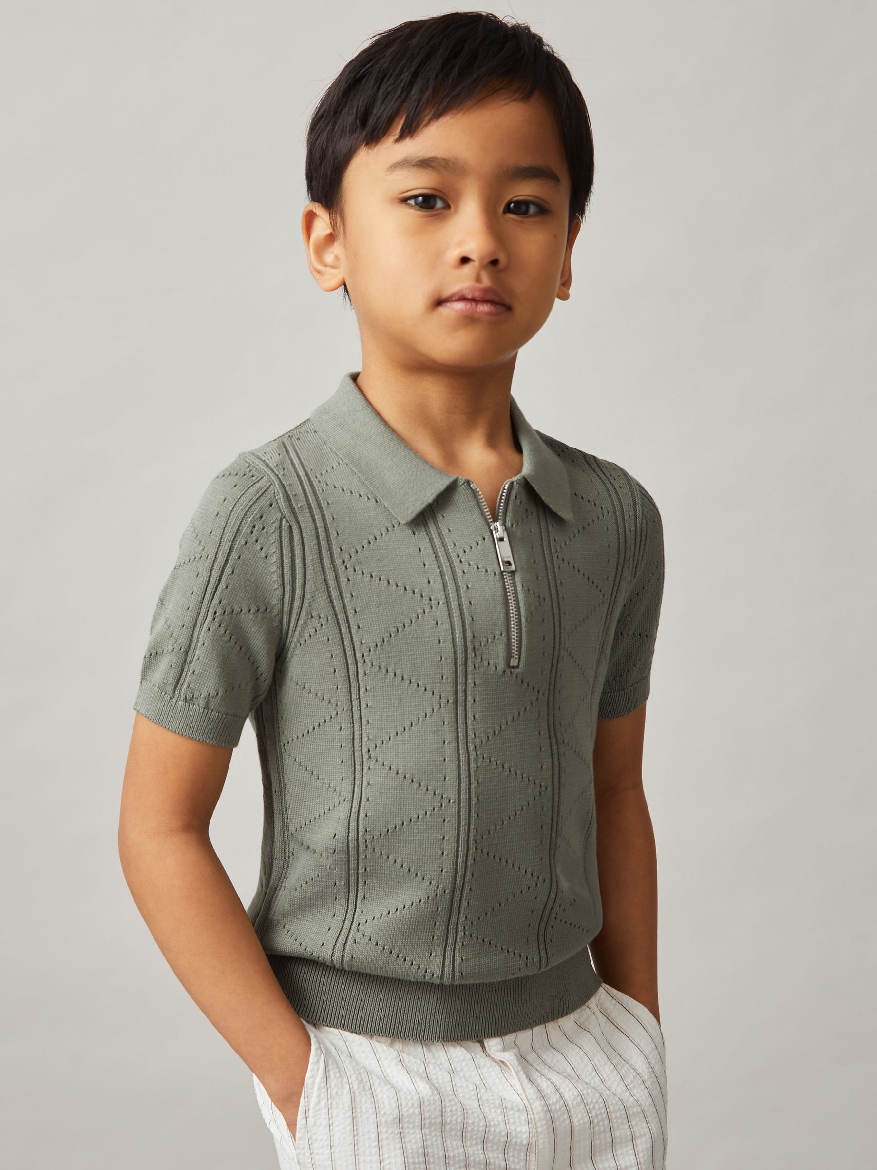 9-13 yrs Half-Zip Pointelle Polo Shirt in Sage - Image 3 of 4