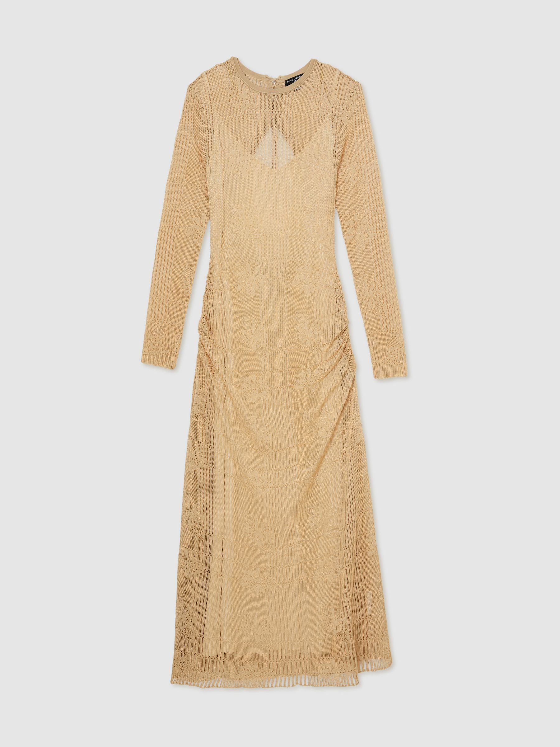 Lace-Knit Ruched Maxi Dress in Gold - Image 2 of 7