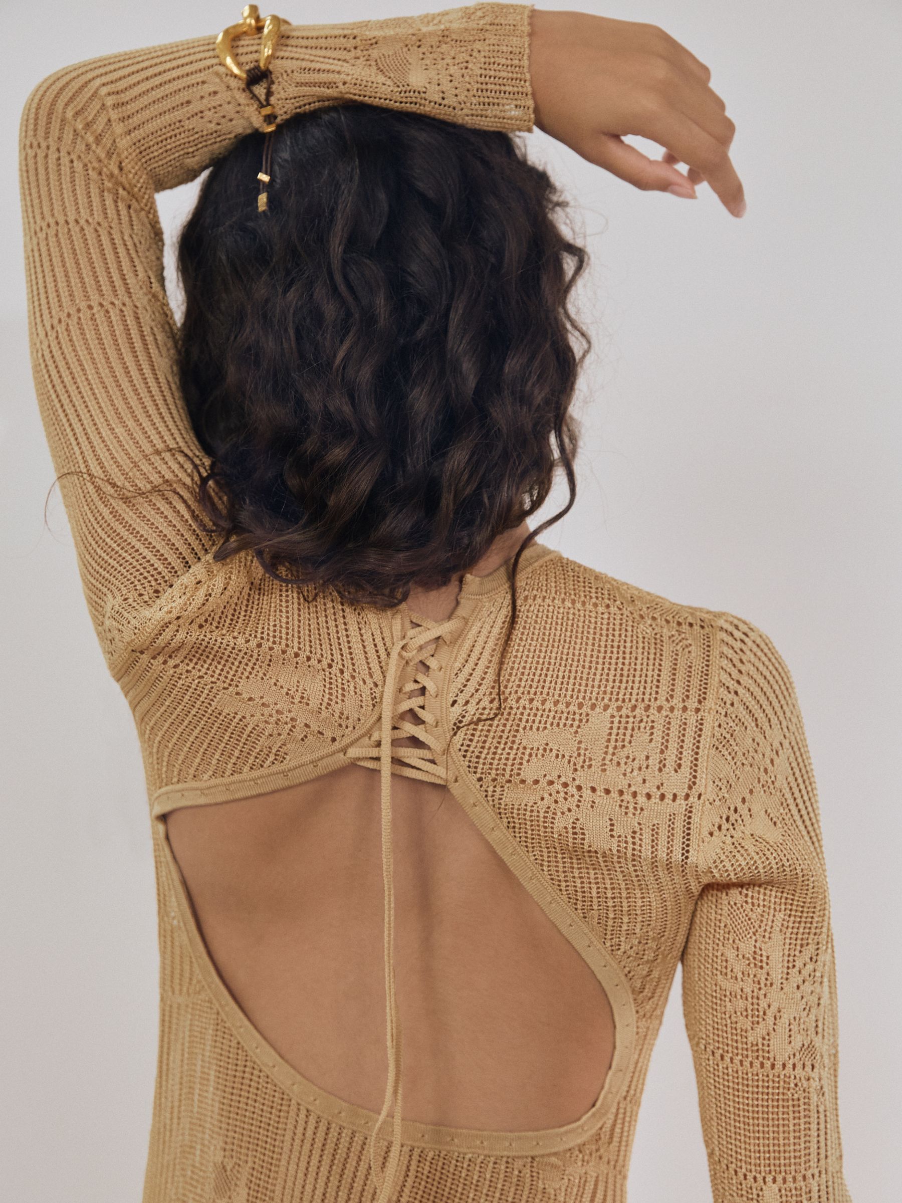 Lace-Knit Ruched Maxi Dress in Gold - Image 4 of 7
