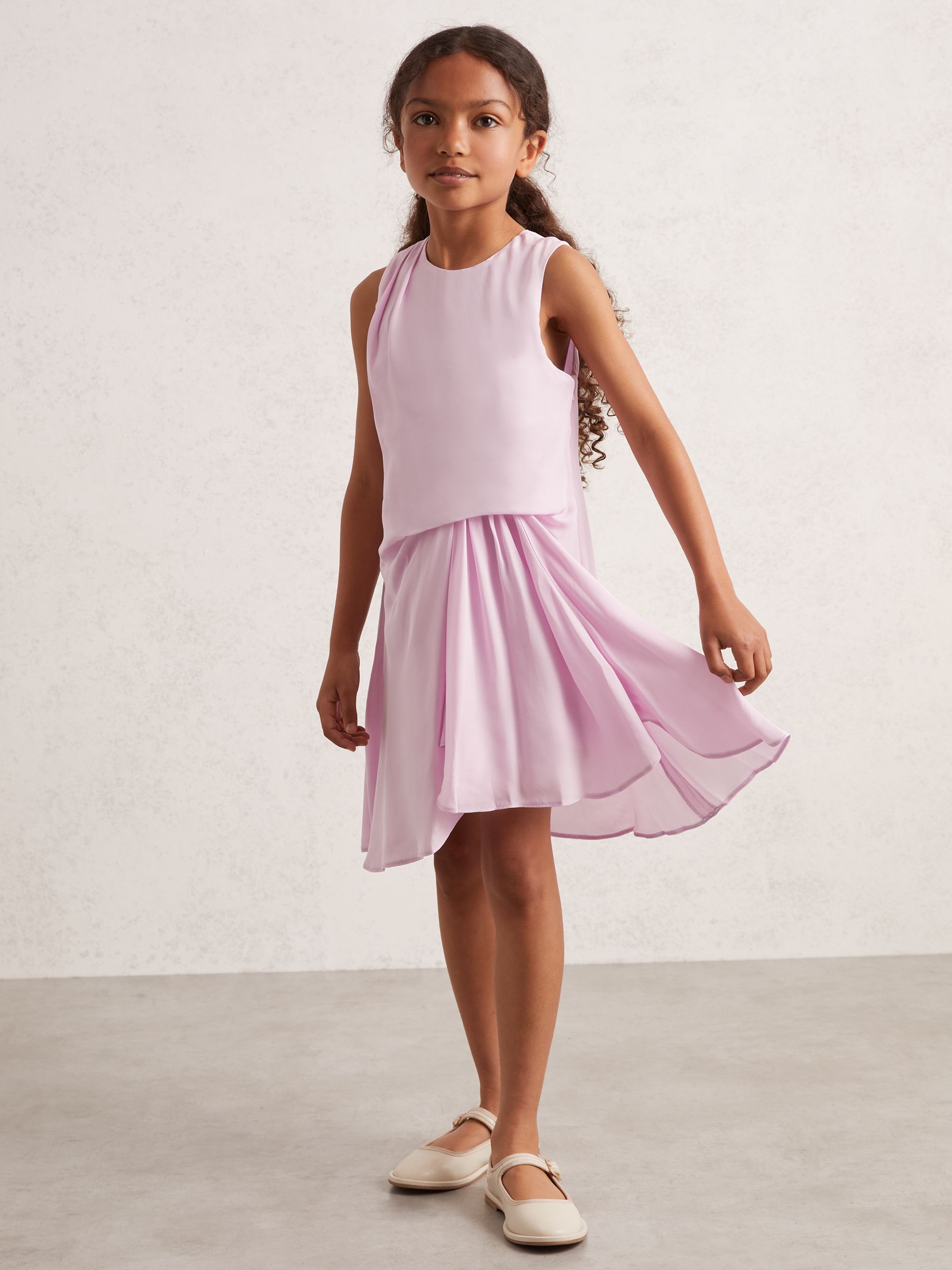 9-13 yrs Draped Tuck Sleeveless Dress in Pink - Image 1 of 4