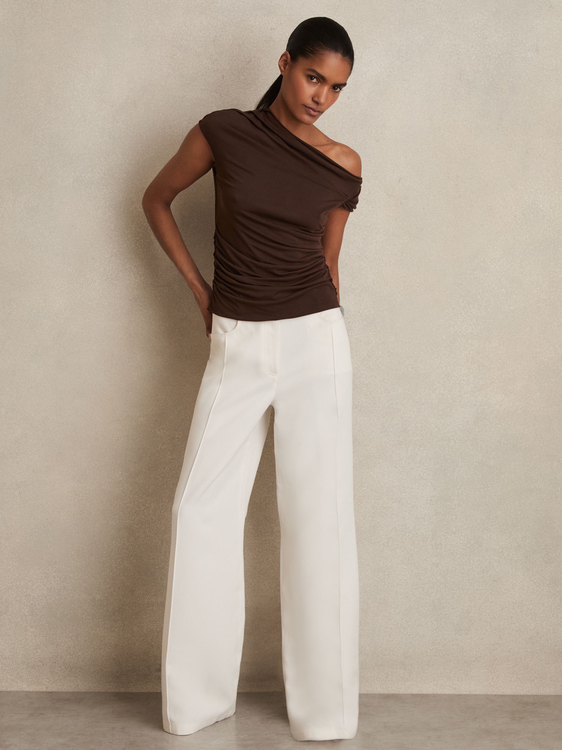 Modal-Blend Ruched Off-Shoulder Top in Chocolate Brown - image 3