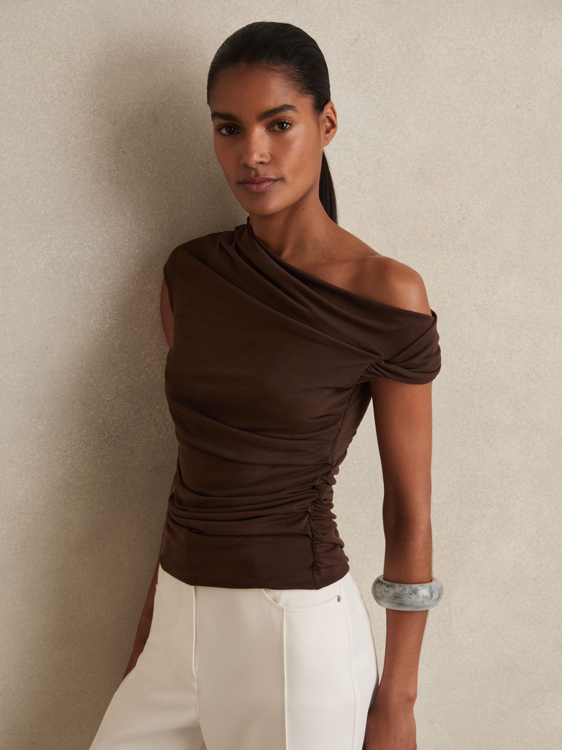 Modal-Blend Ruched Off-Shoulder Top in Chocolate Brown - image 4