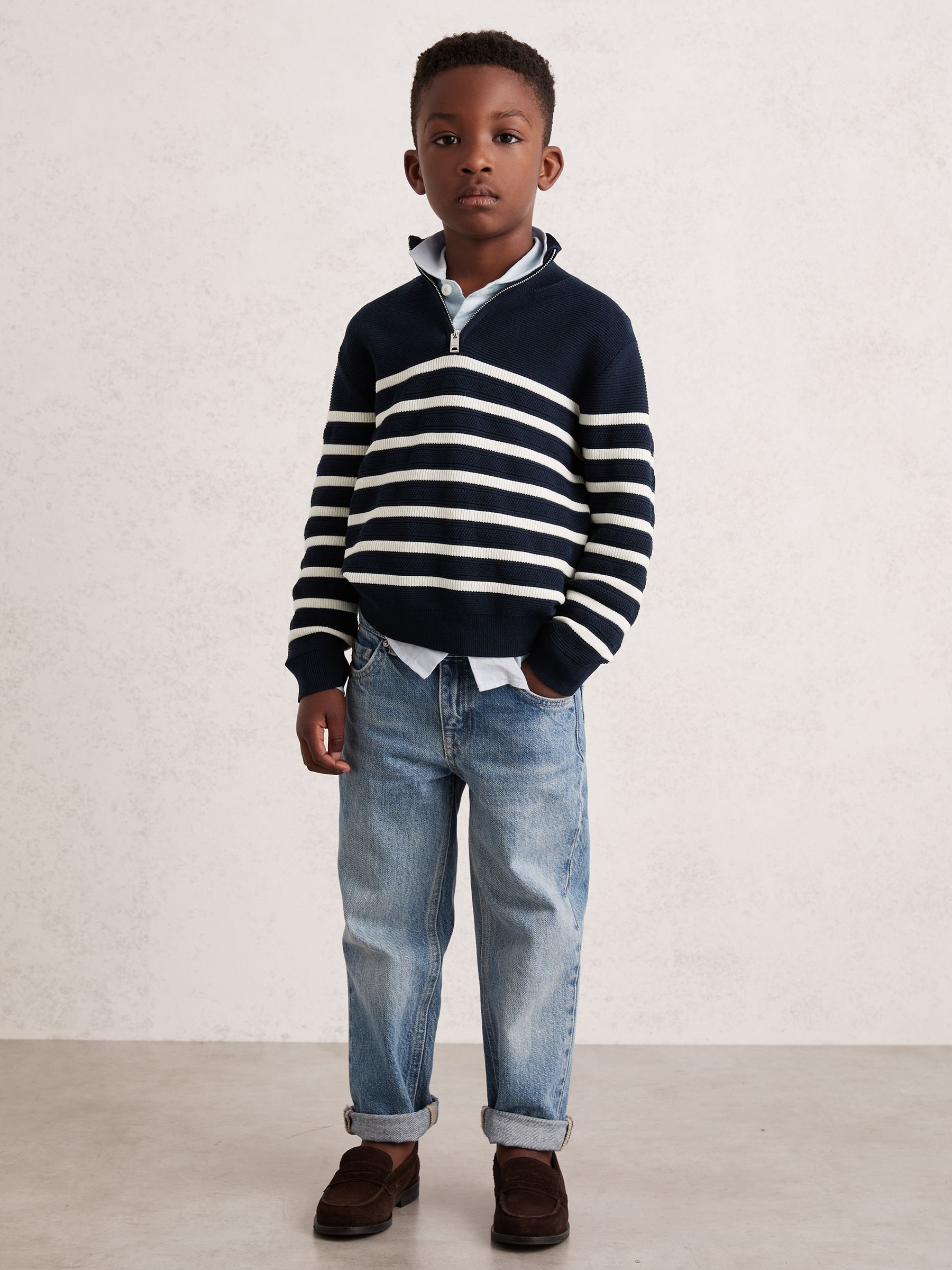 9-13 yrs Cotton-Blend Stripe Half-Zip Jumper in Navy/Off White - Image 1 of 4