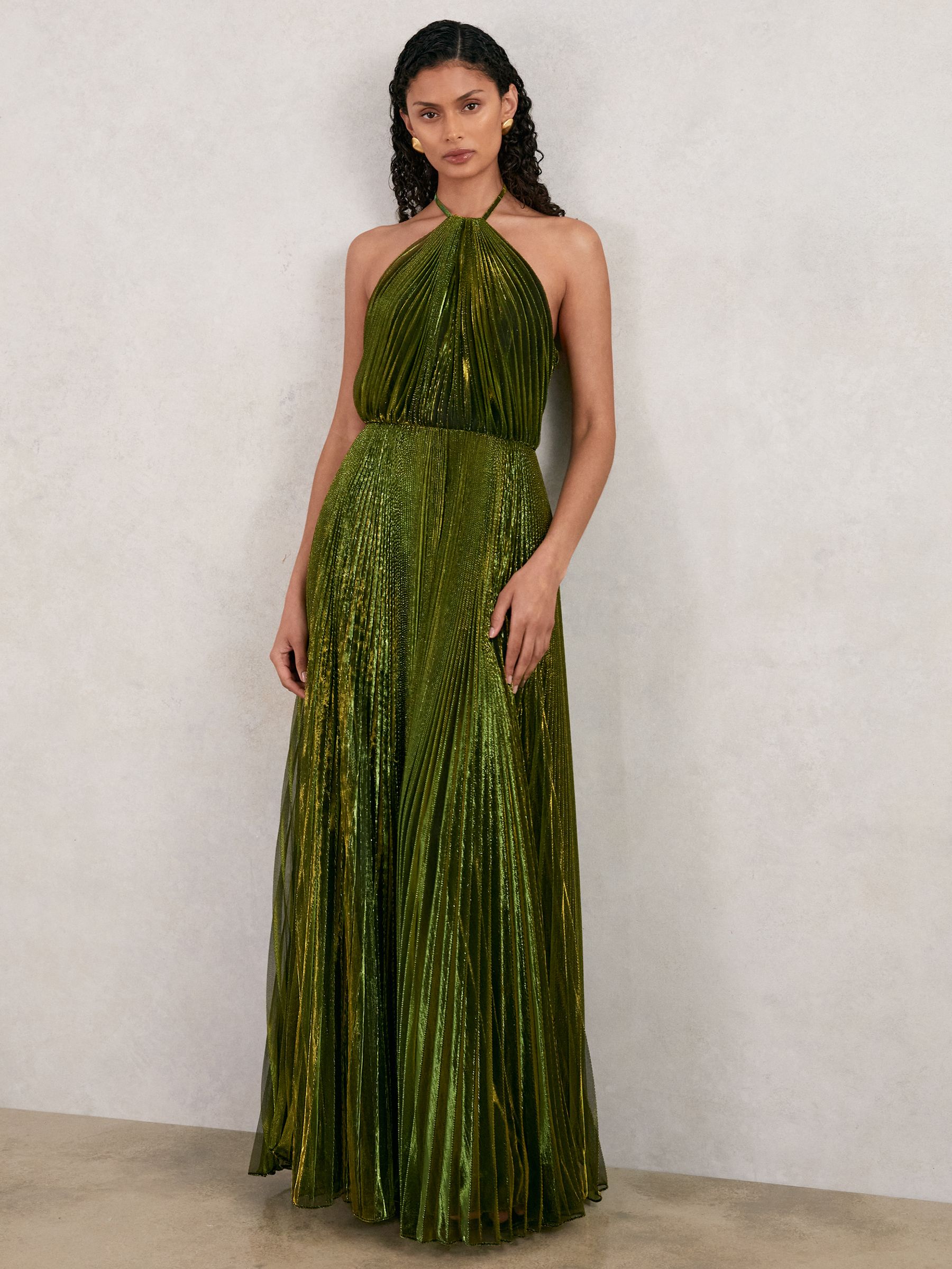 Halston Metallic Pleated Maxi Dress in Dark Olive Green - Image 1 of 5