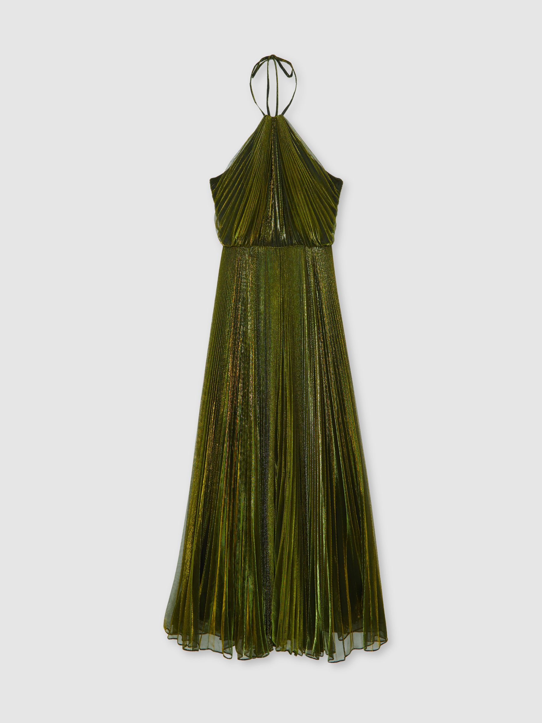 Halston Metallic Pleated Maxi Dress in Dark Olive Green - Image 2 of 5