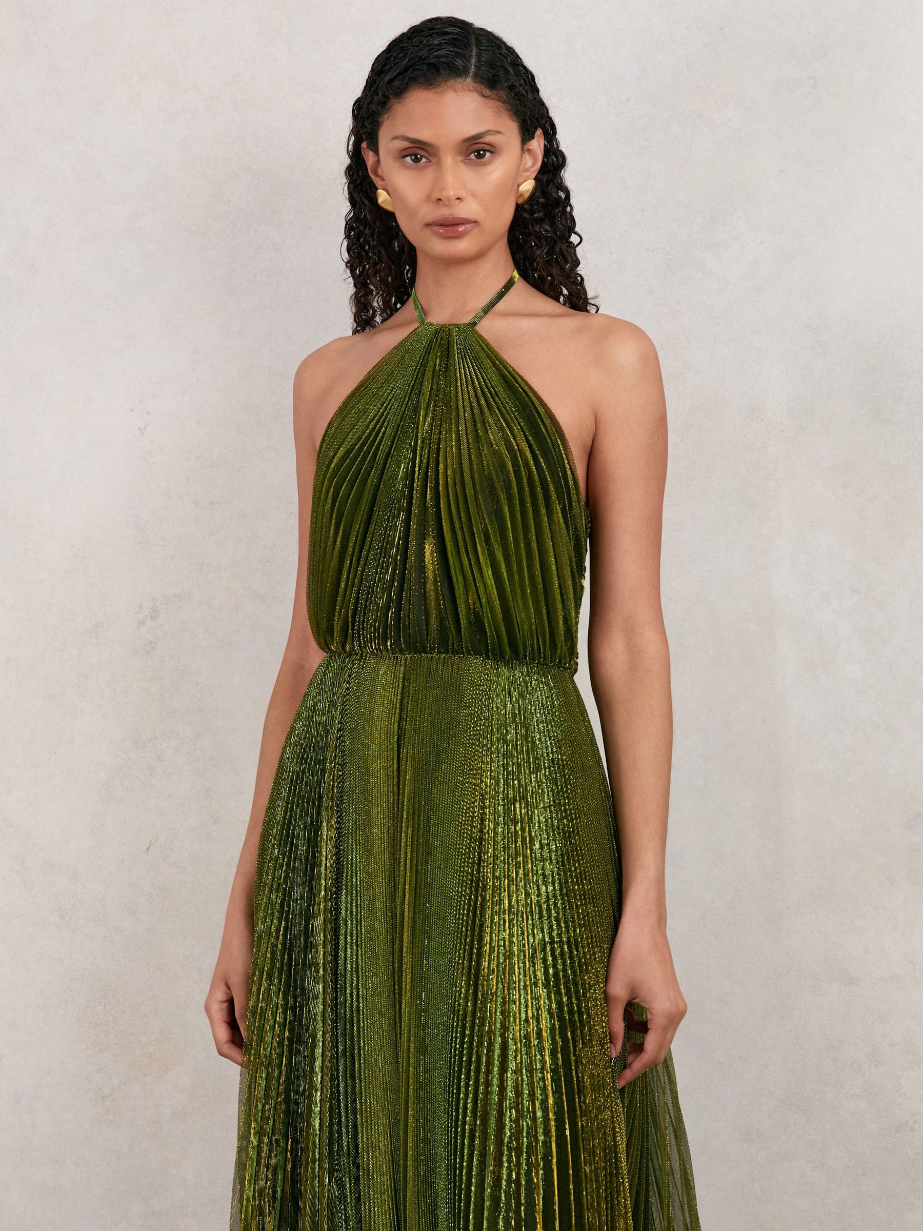Halston Metallic Pleated Maxi Dress in Dark Olive Green - Image 3 of 5