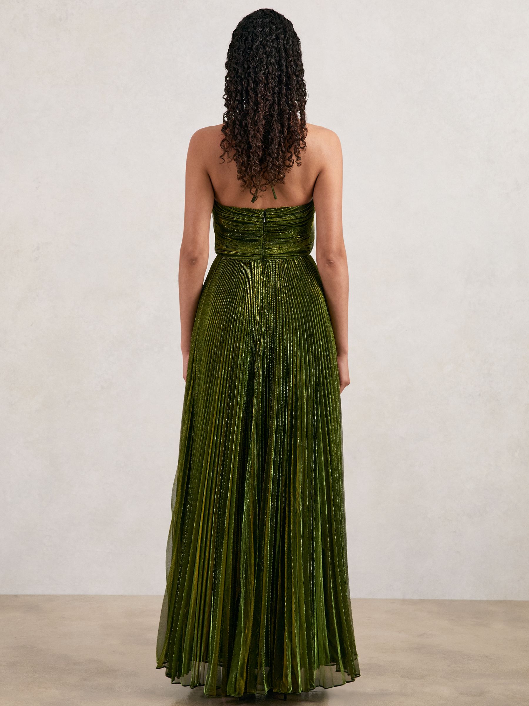Halston Metallic Pleated Maxi Dress in Dark Olive Green - Image 4 of 5