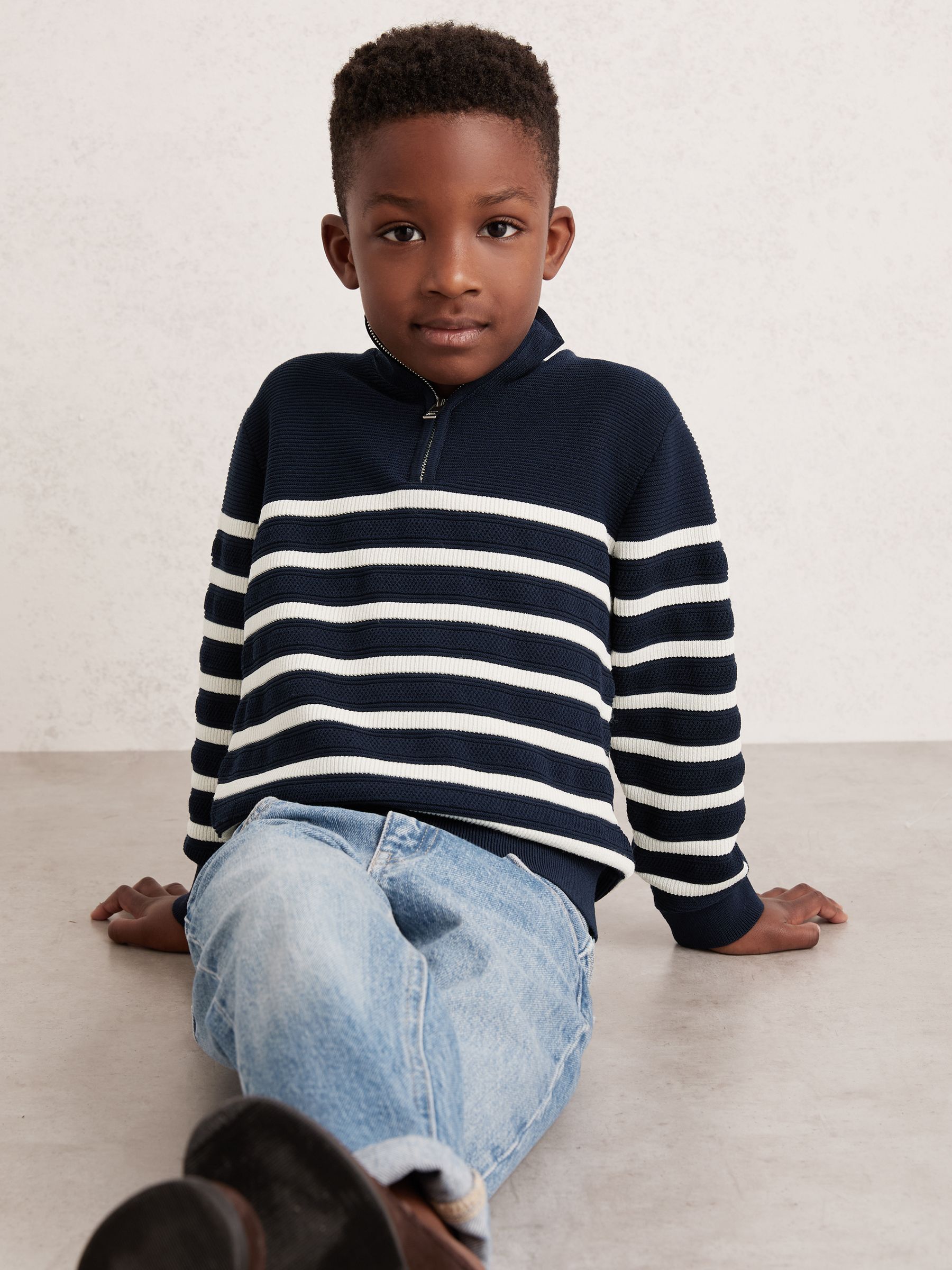3-9 yrs Cotton-Blend Stripe Half-Zip Jumper in Navy/Off White - Image 1 of 4