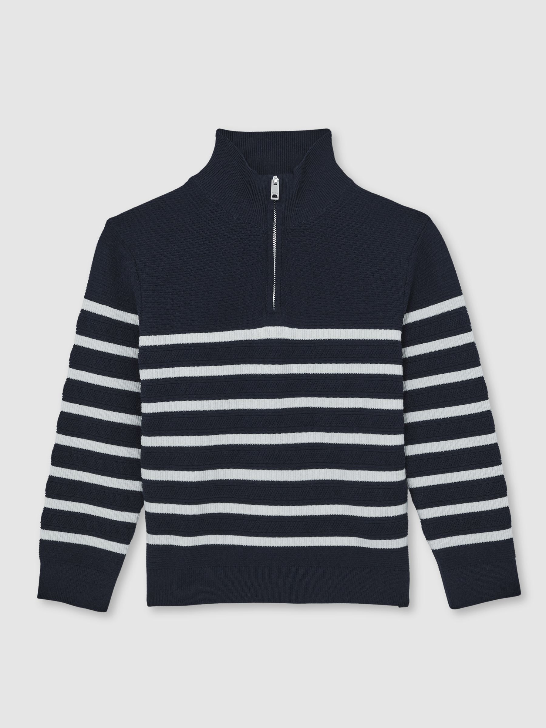 3-9 yrs Cotton-Blend Stripe Half-Zip Jumper in Navy/Off White - Image 2 of 4