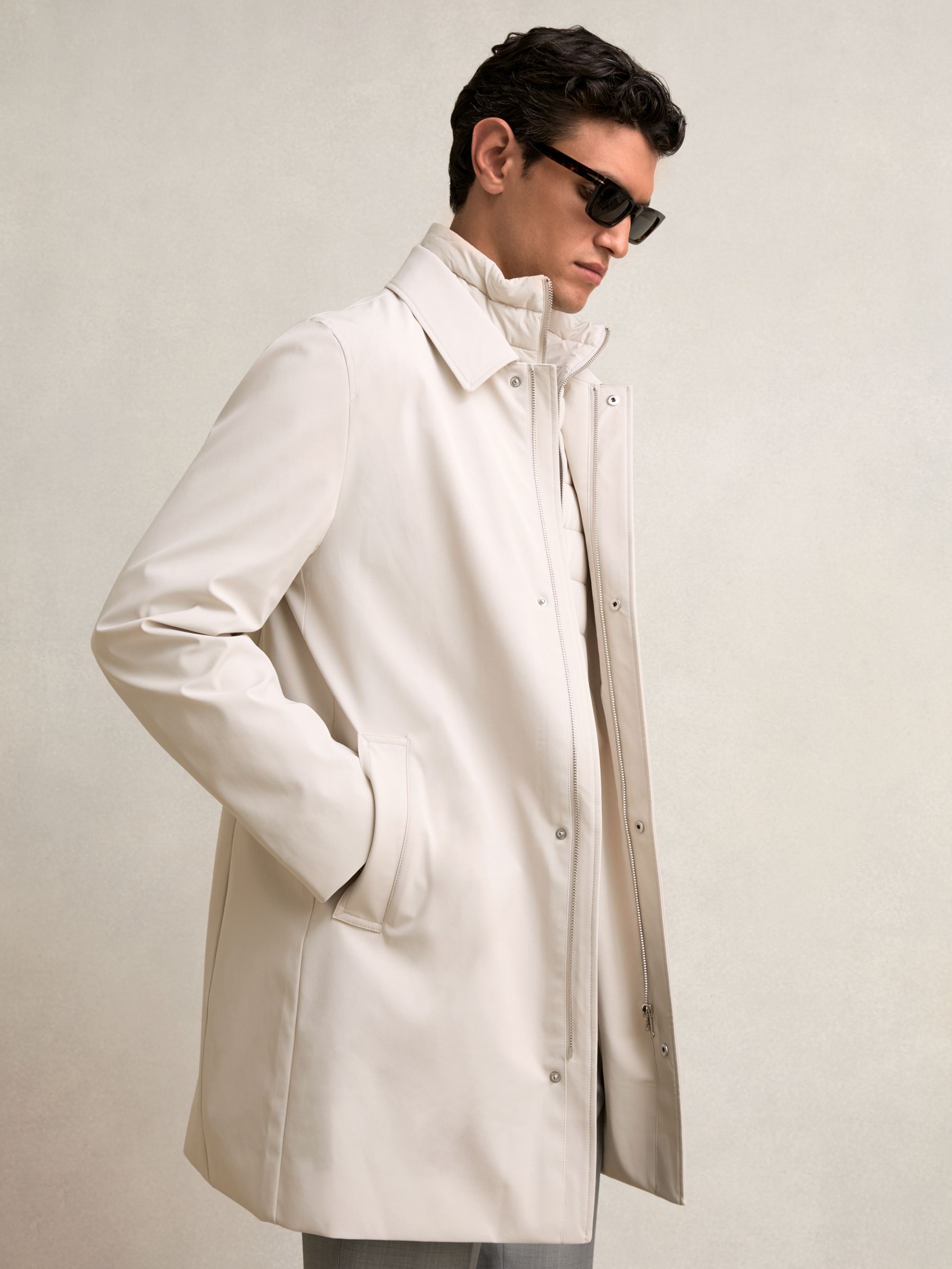 Hybrid Removable Funnel Neck Overcoat in Light Stone - Image 1 of 9