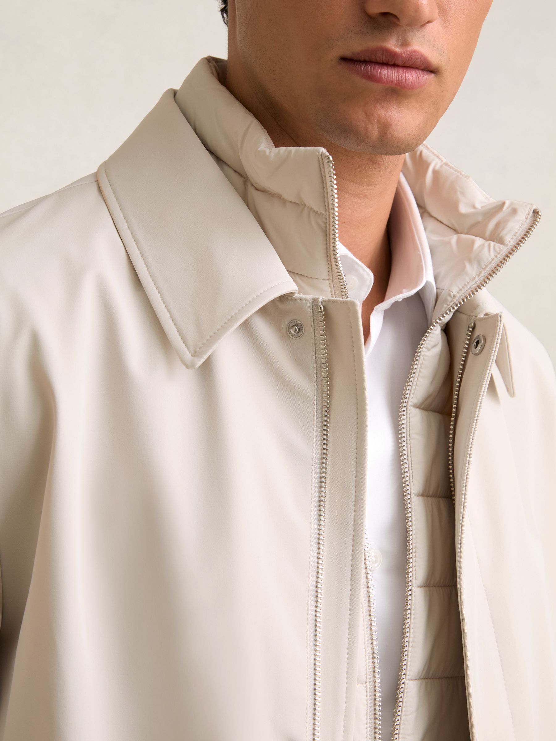 Hybrid Removable Funnel Neck Overcoat in Light Stone - image 5