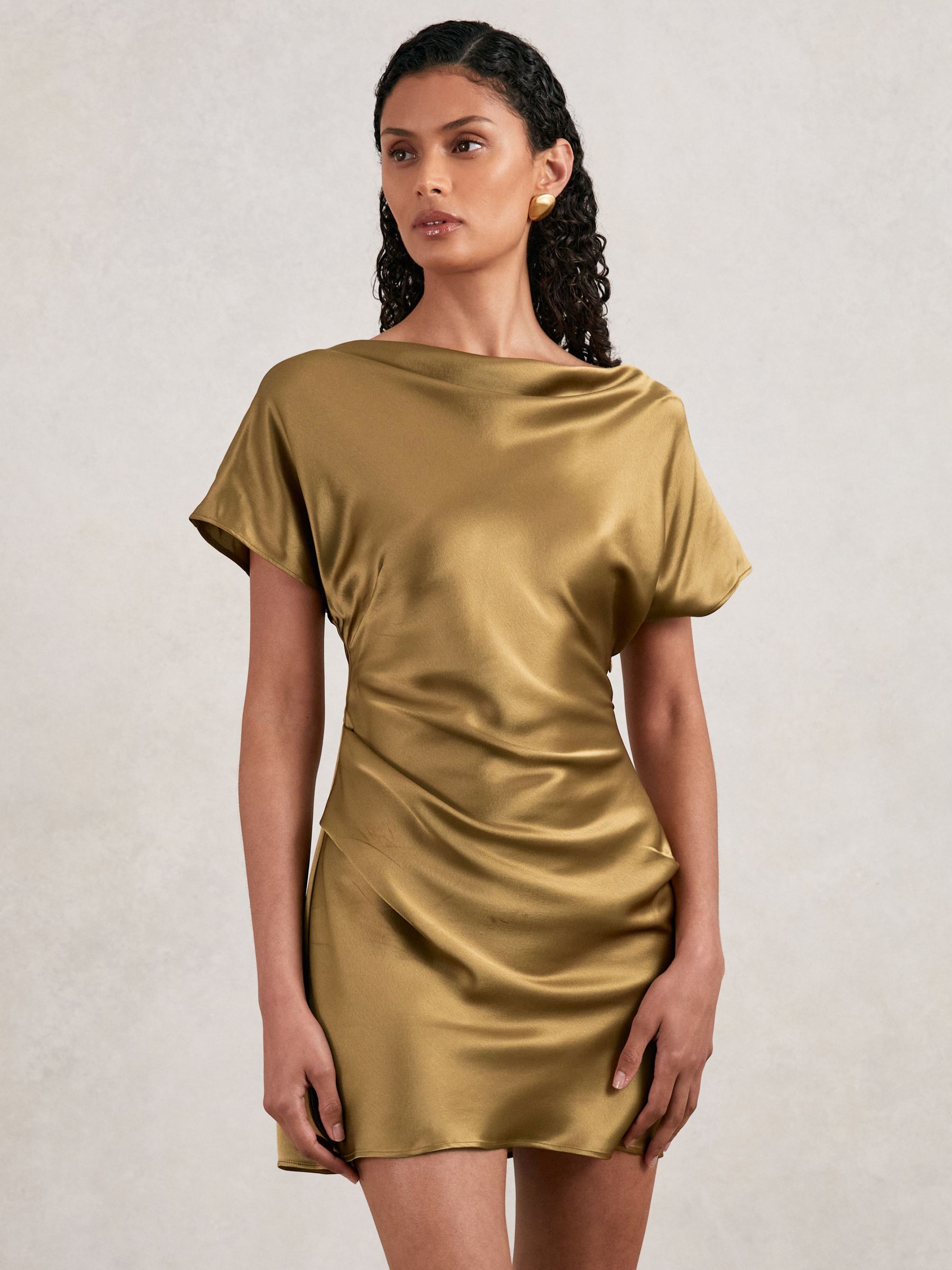 Acler Draped Satin Mini Dress in Gold Moss - Image 3 of 5