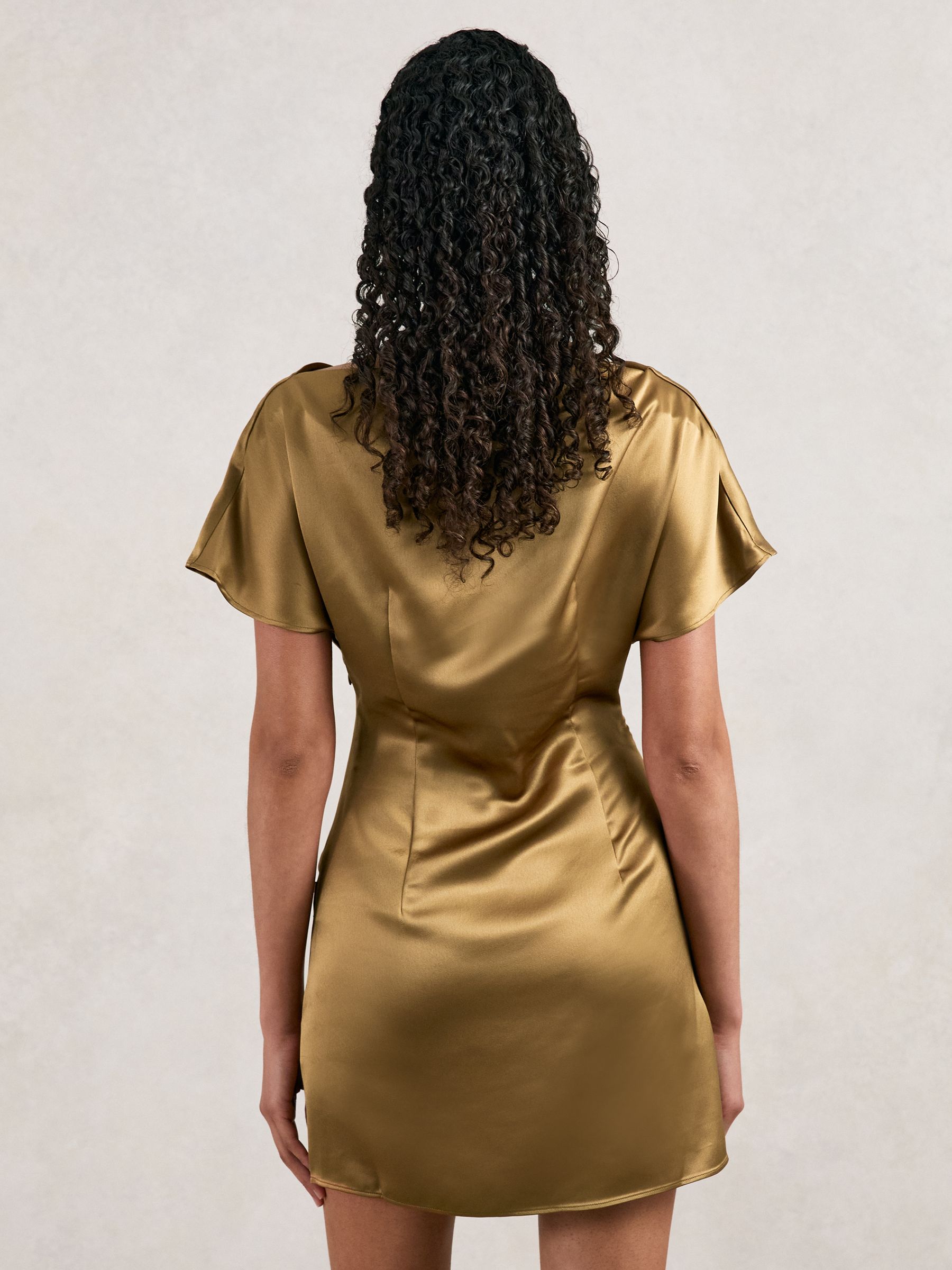 Acler Draped Satin Mini Dress in Gold Moss - Image 4 of 5