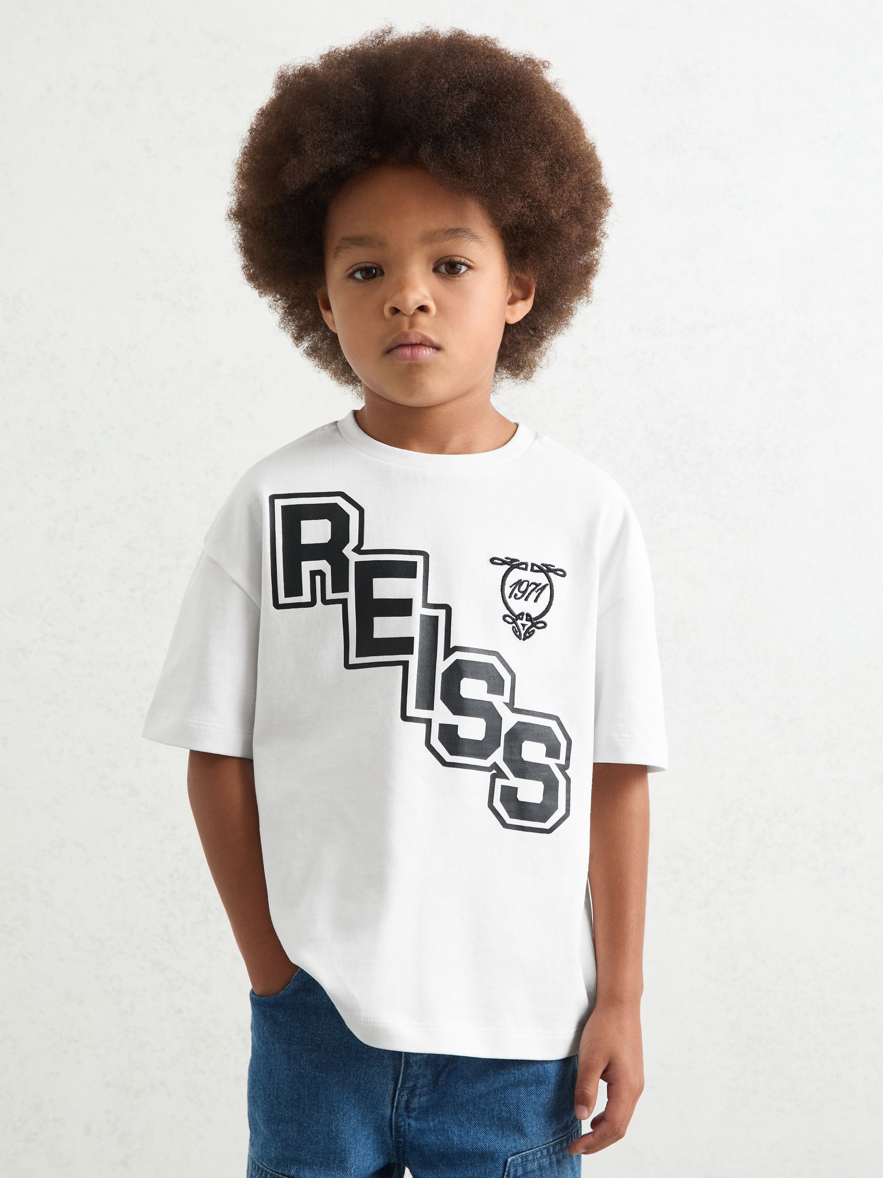 9-13 yrs Cotton Oversized Logo T-Shirt in White/Navy - Image 1 of 4
