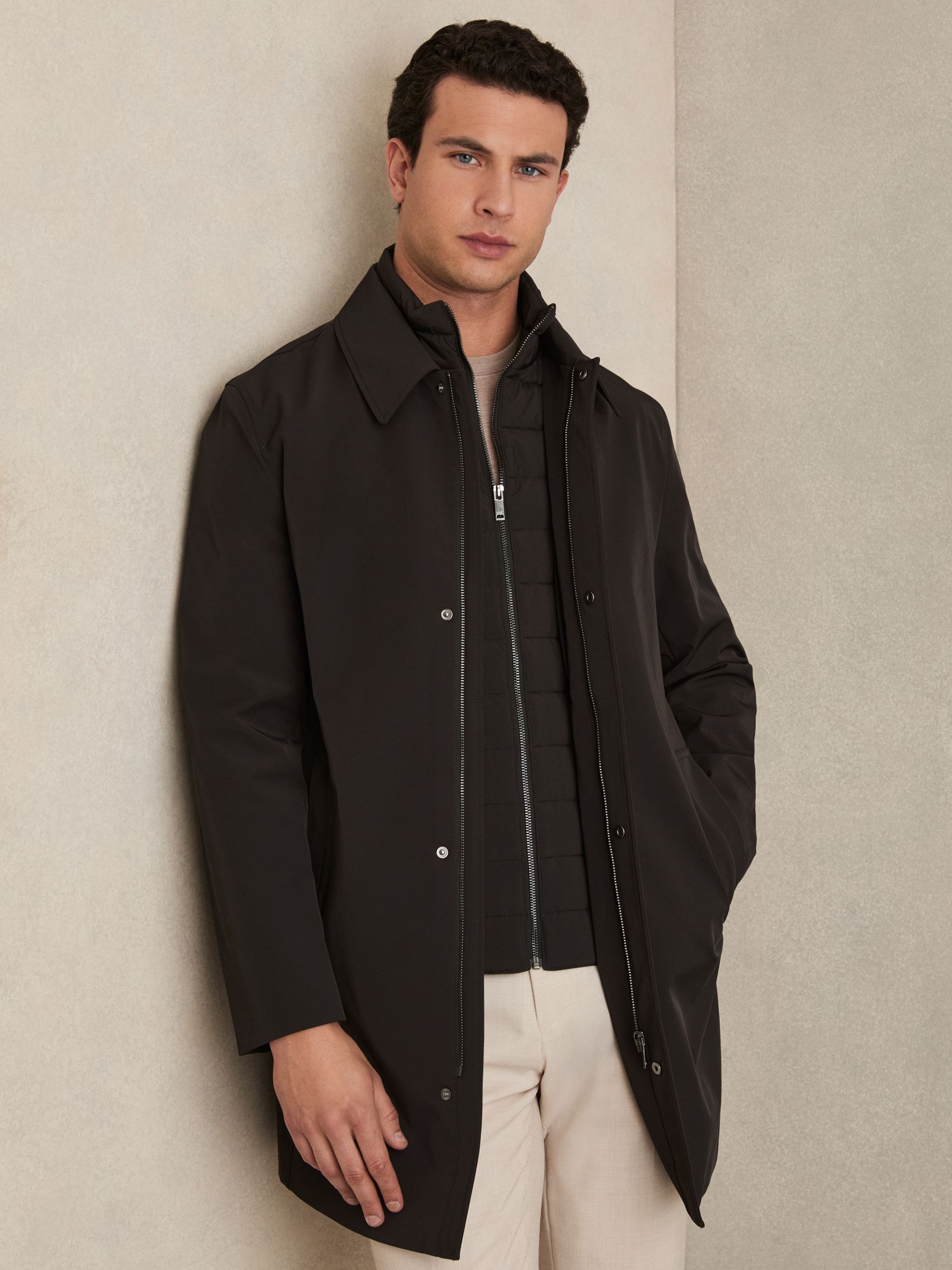 Hybrid Removable Funnel Neck Overcoat in Brown - Image 4 of 8