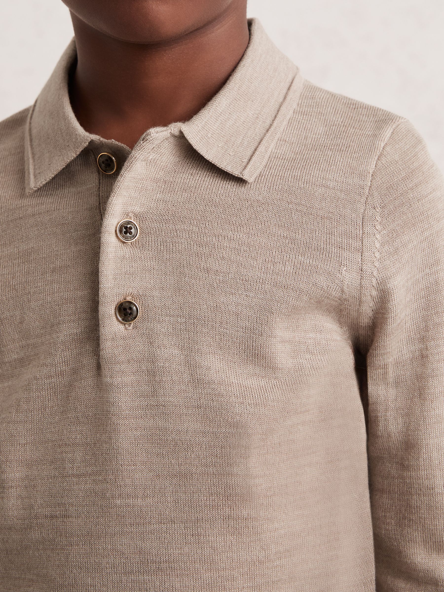 13-14 yrs Merino Wool Long-Sleeve Polo Shirt in Wheat Melange - Image 3 of 4