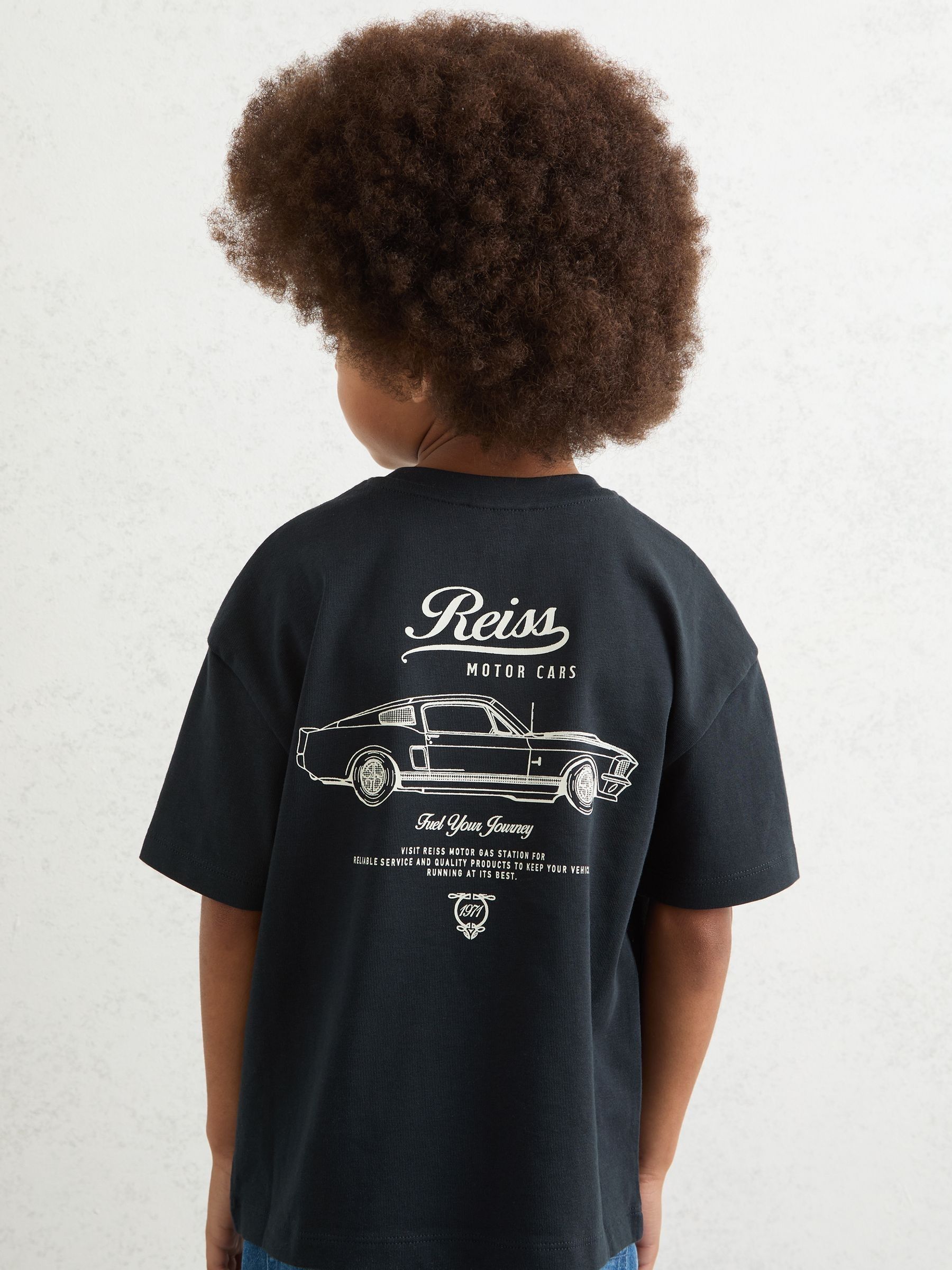 3-9 yrs Cotton Motor Cars-Print T-Shirt in Washed Blue/White - Image 1 of 4