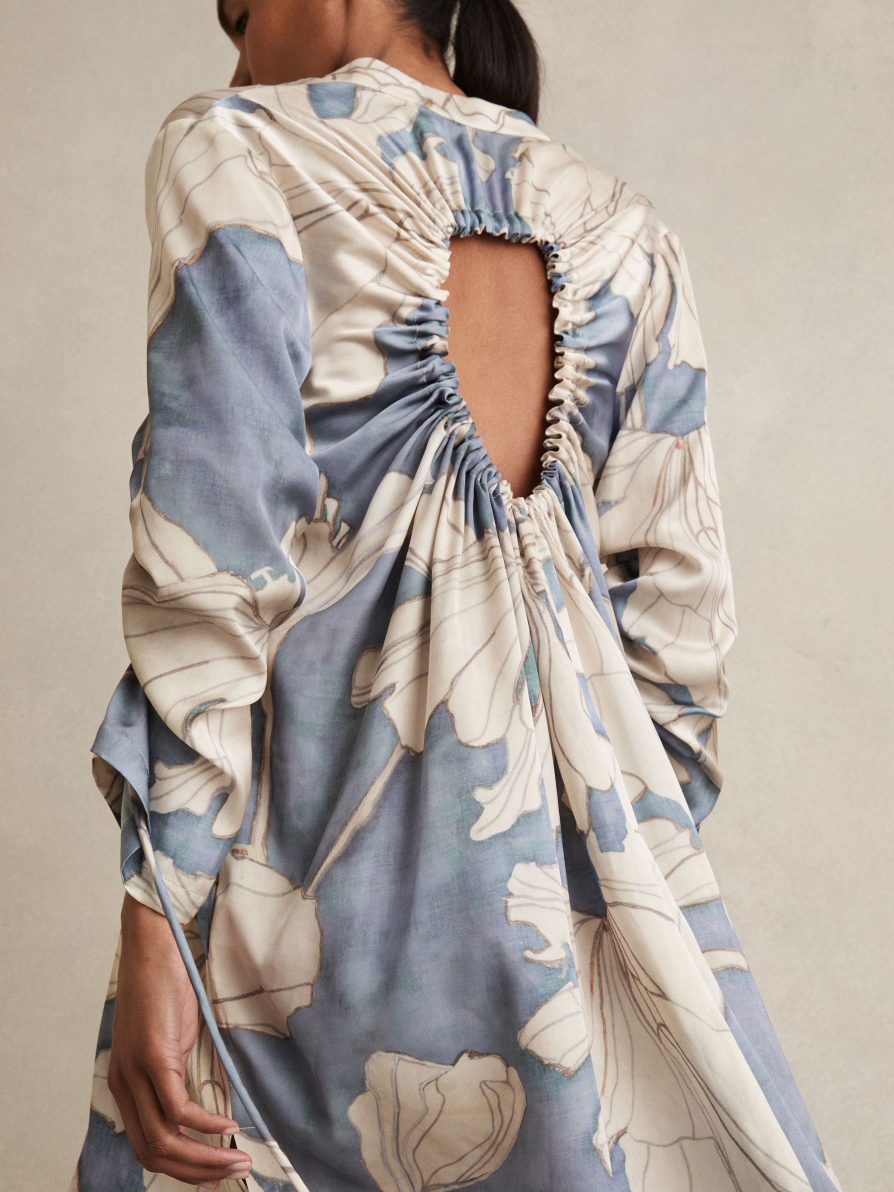 Floral Print Gathered Cut Out Shirt Dress in Blue - image 5