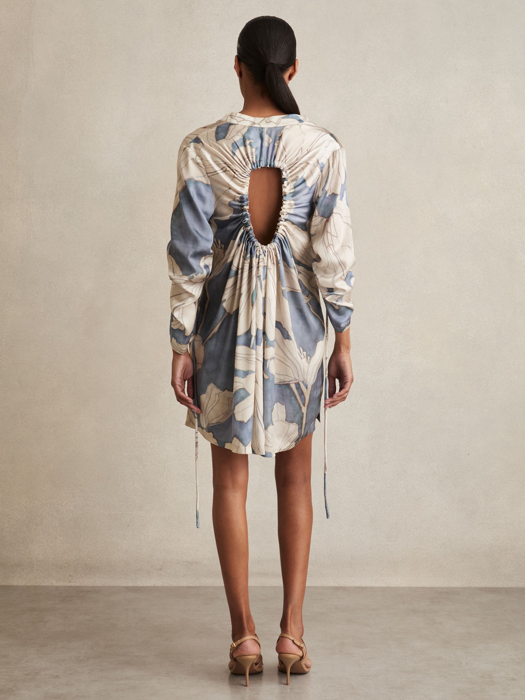 Floral Print Gathered Cut Out Shirt Dress in Blue - image 4