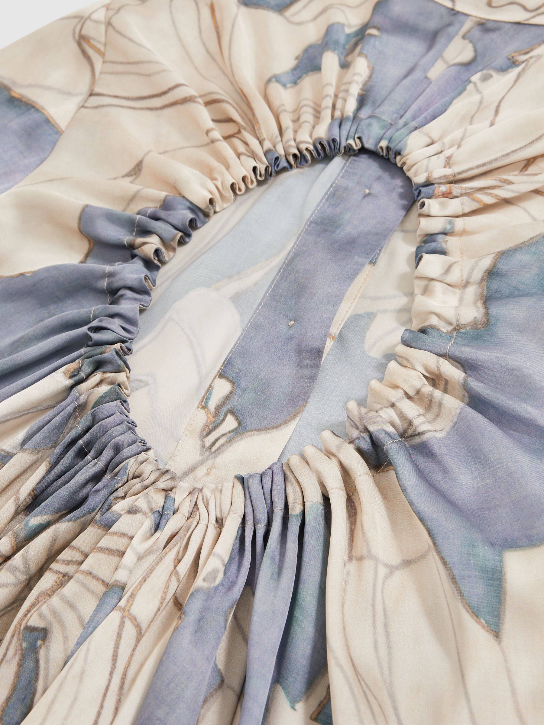 Floral Print Gathered Cut Out Shirt Dress in Blue - image 3