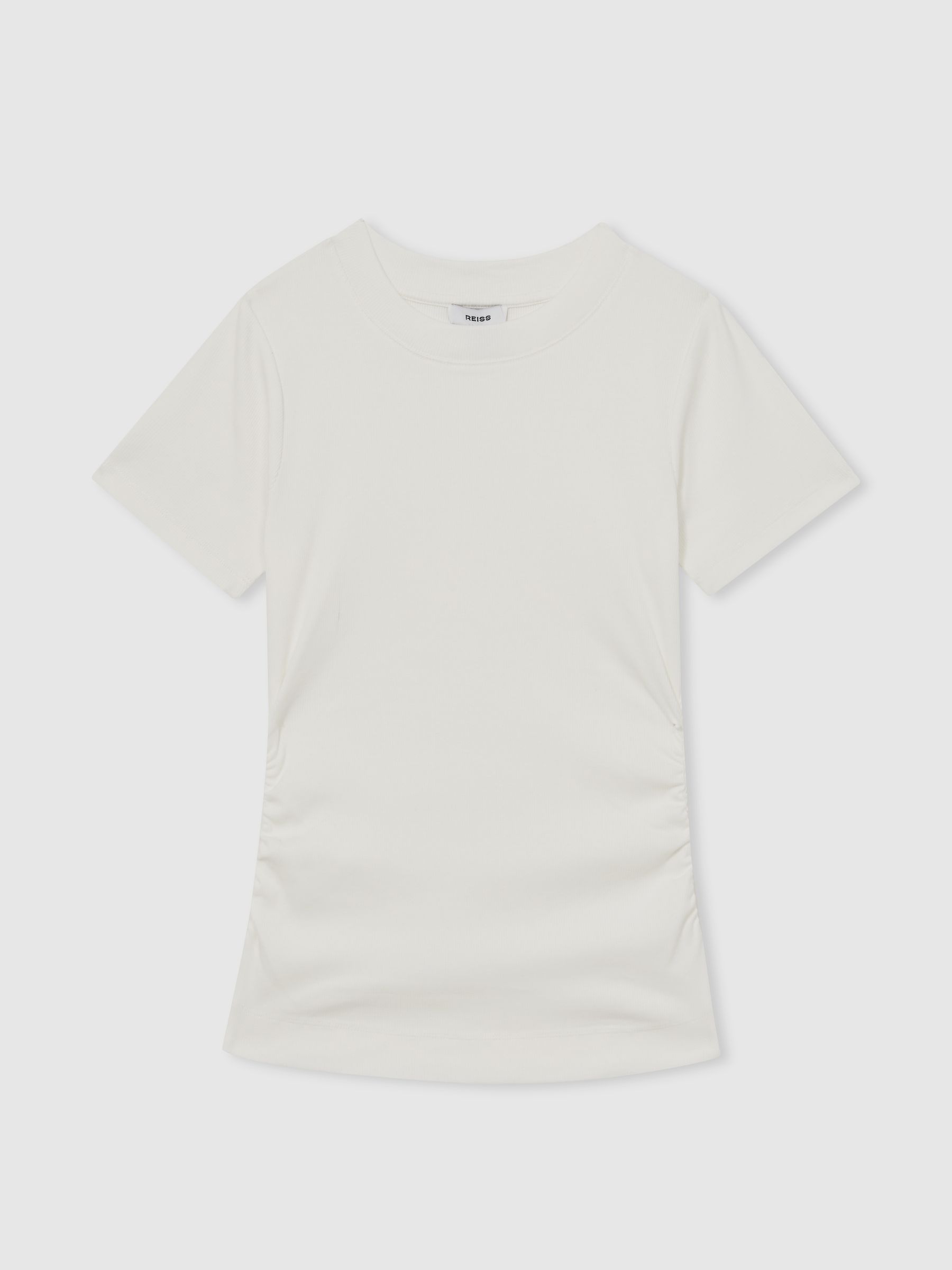 Stretch-Cotton Ruched Ribbed T-Shirt in White - Image 2 of 6