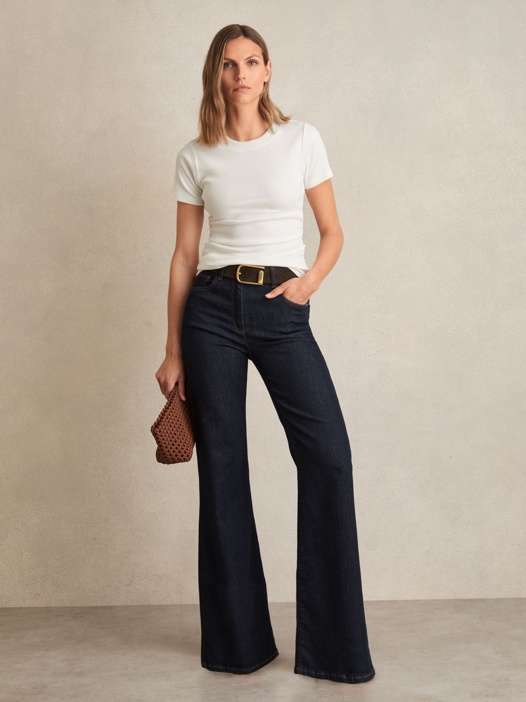 Stretch-Cotton Ruched Ribbed T-Shirt in White - Image 3 of 6