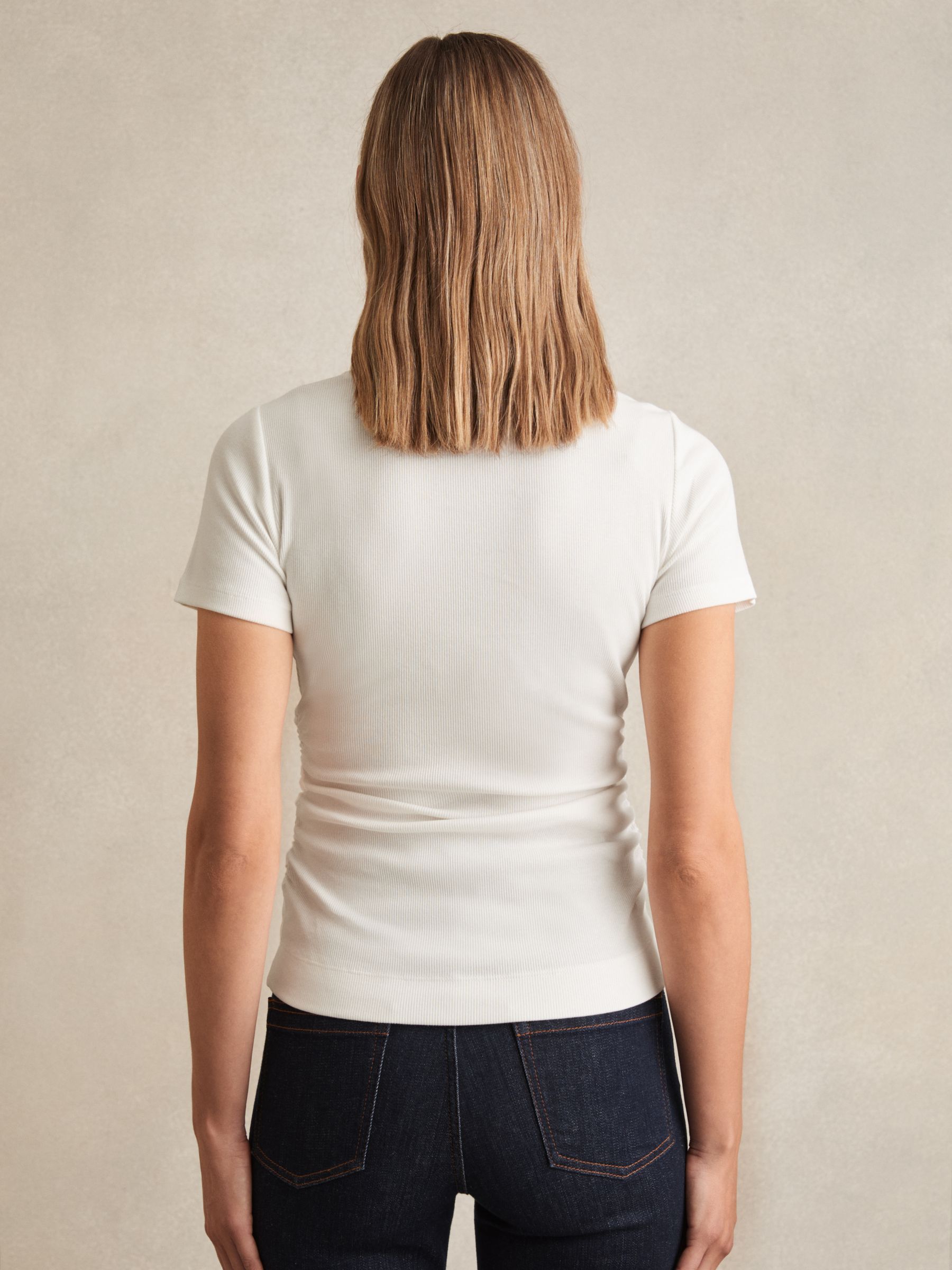 Stretch-Cotton Ruched Ribbed T-Shirt in White - Image 5 of 6