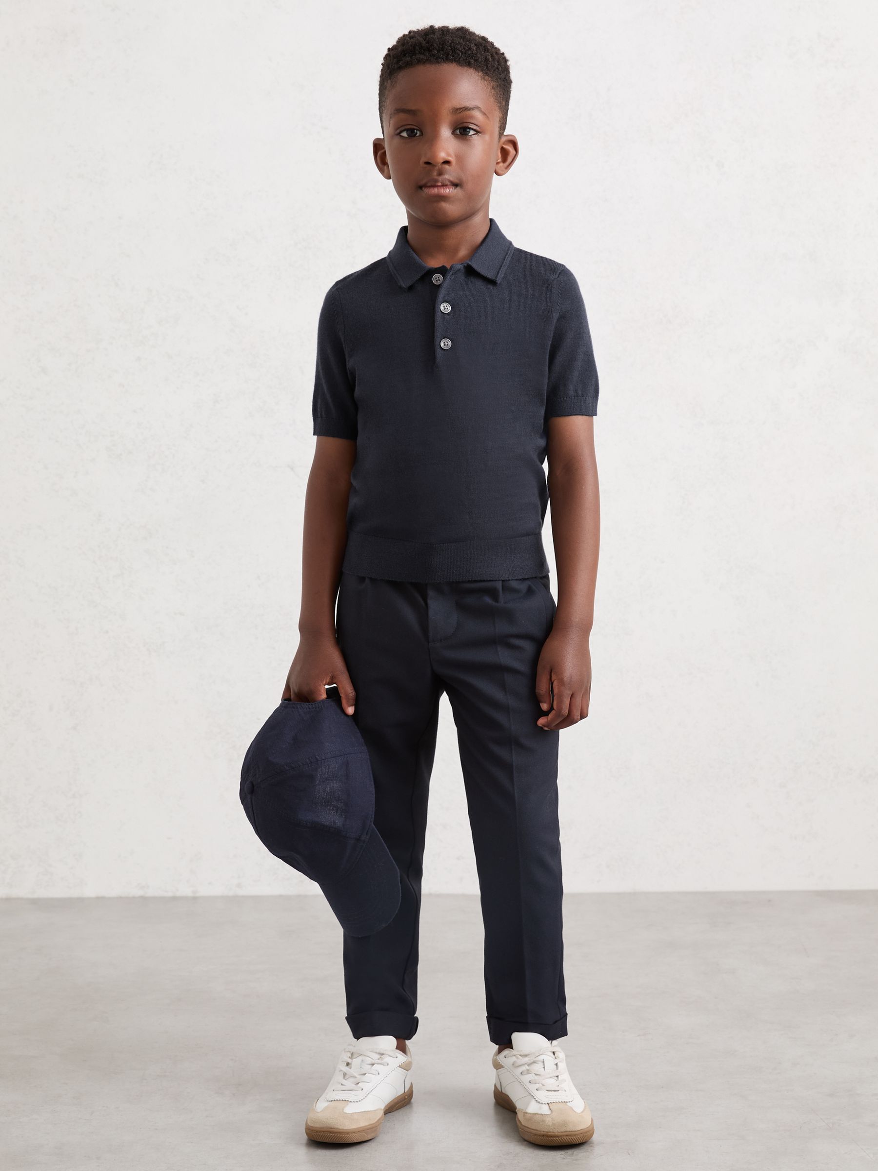 13-14 yrs Wool Short-Sleeve Polo Shirt in Midnight Navy - Image 2 of 4