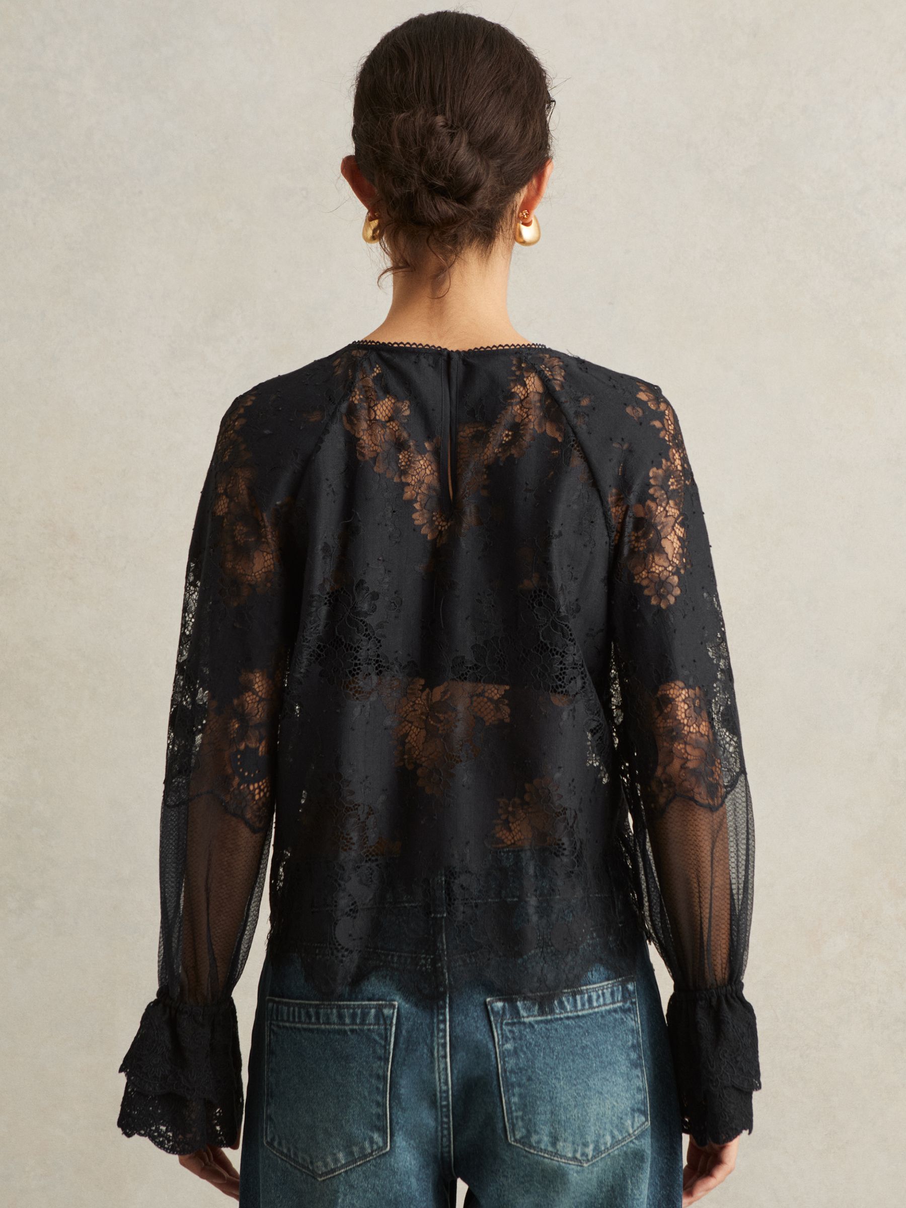 Lace Flared-Cuff Blouse in Navy - Image 4 of 5