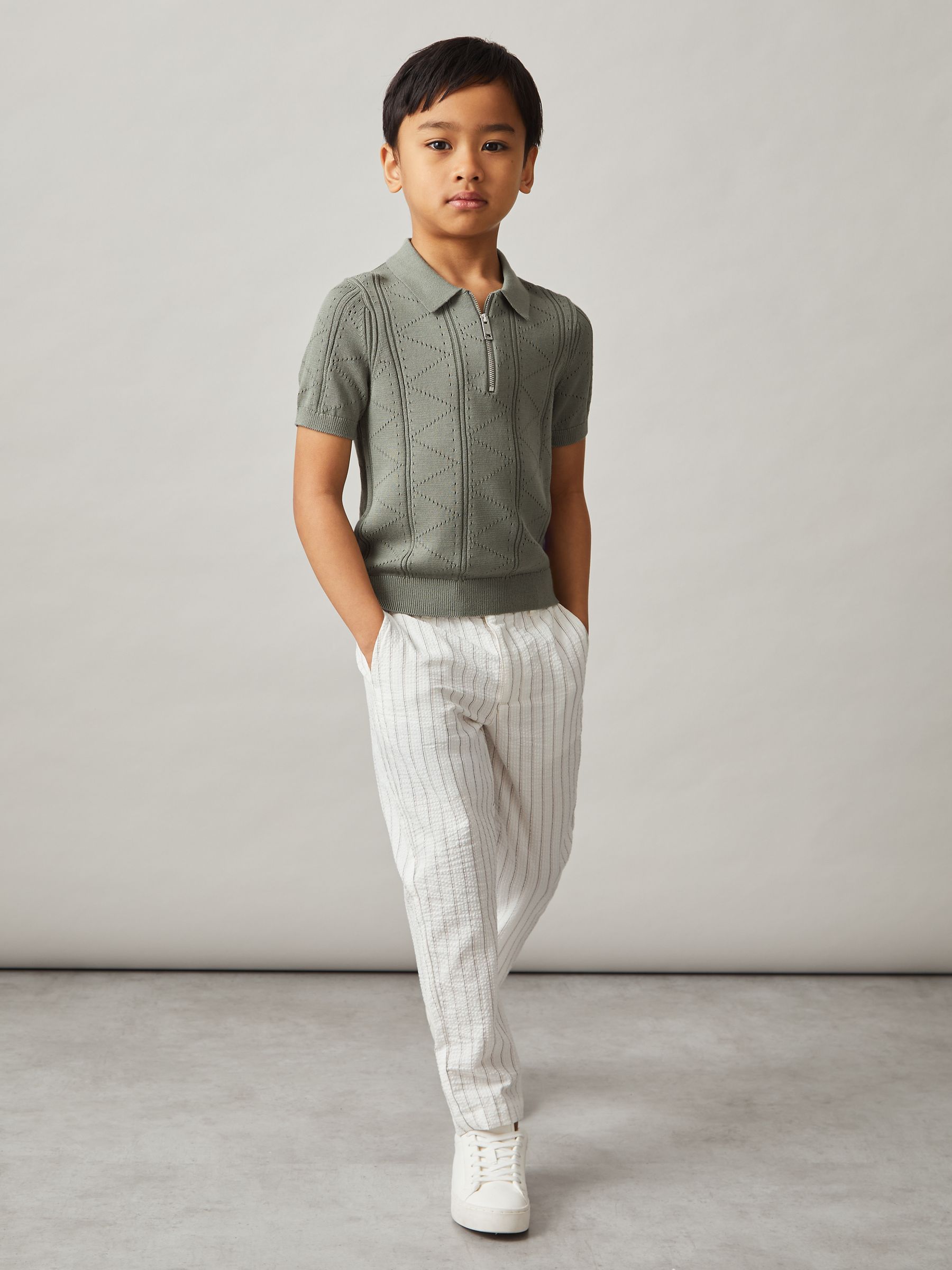 13-14 yrs Half-Zip Pointelle Polo Shirt in Sage - Image 3 of 4