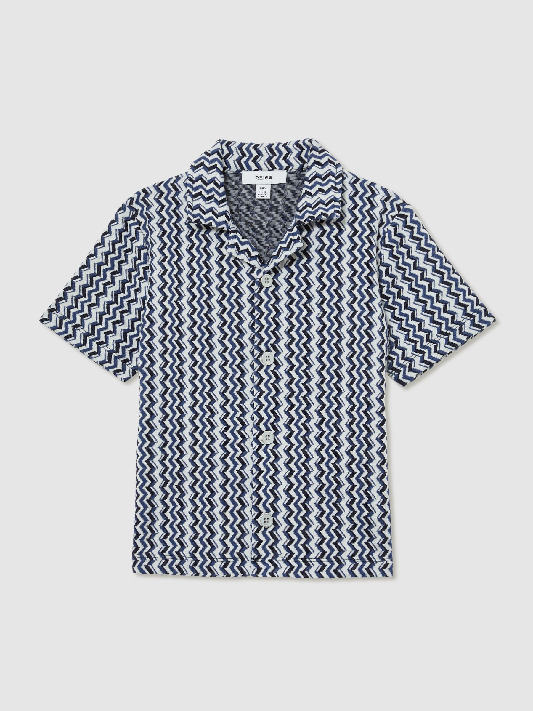13-14 yrs Zig-Zag Knit Cuban-Collar Shirt in Blue - Image 1 of 4