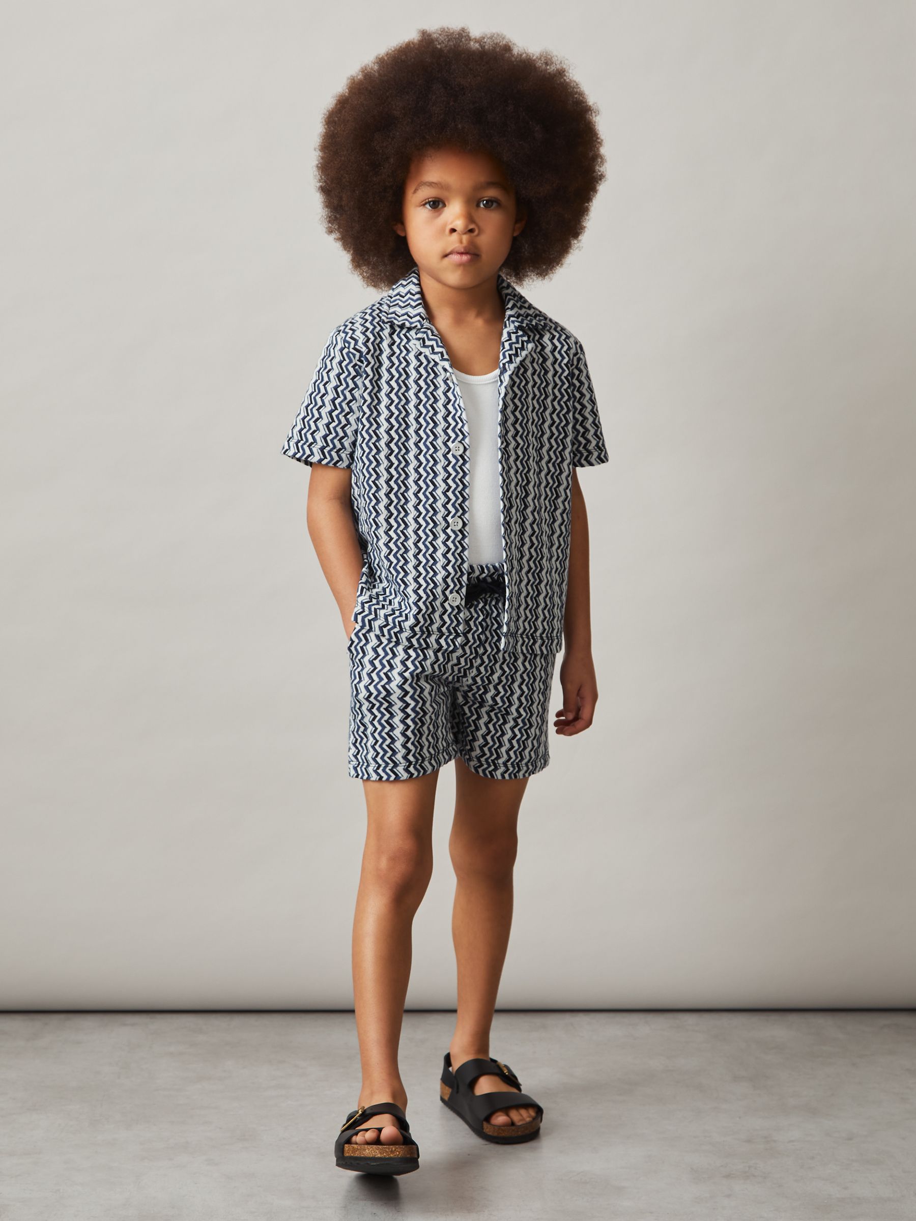 13-14 yrs Zig-Zag Knit Cuban-Collar Shirt in Blue - Image 3 of 4