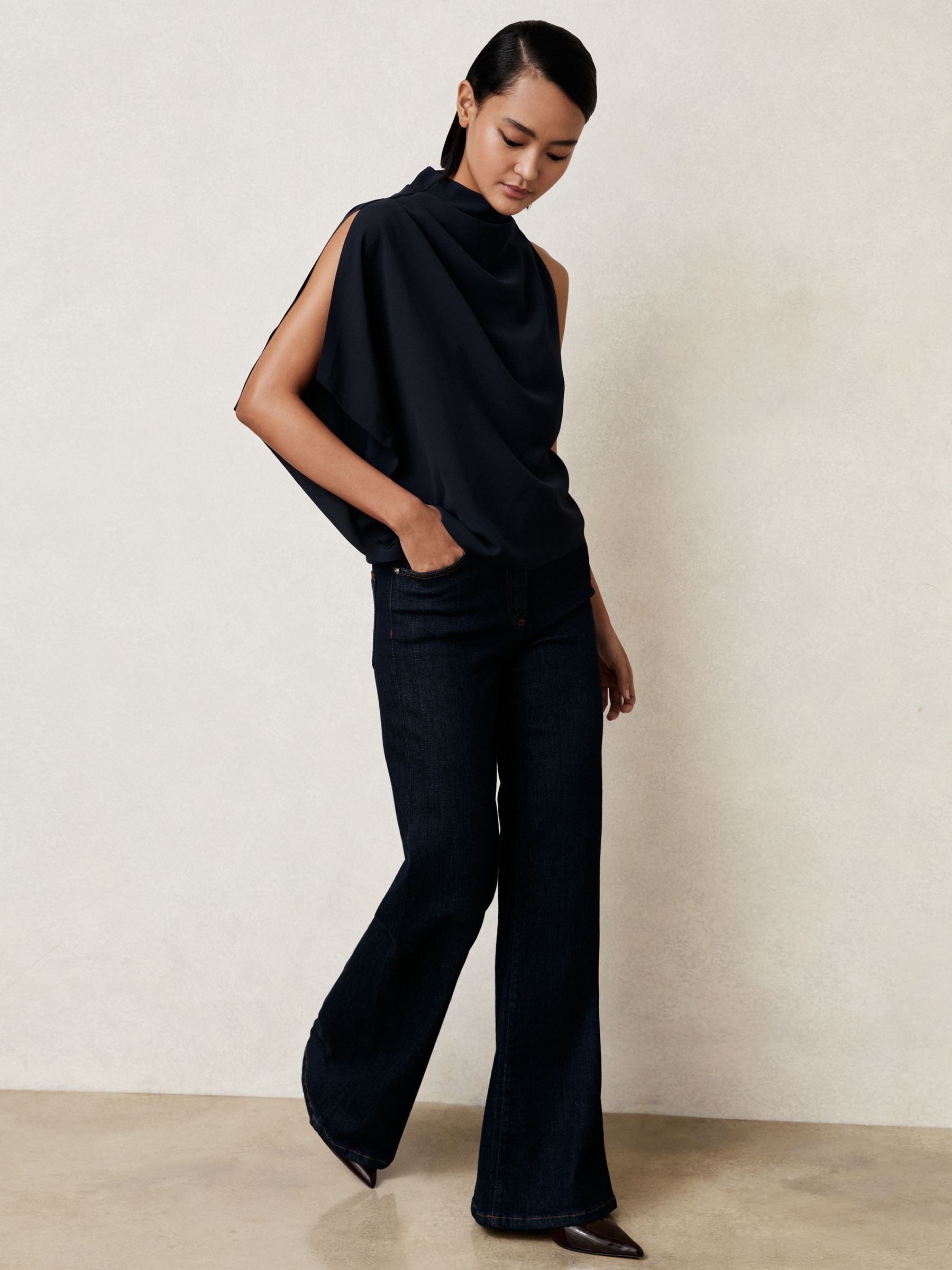 One-Shoulder Draped Top in Navy - Image 3 of 6