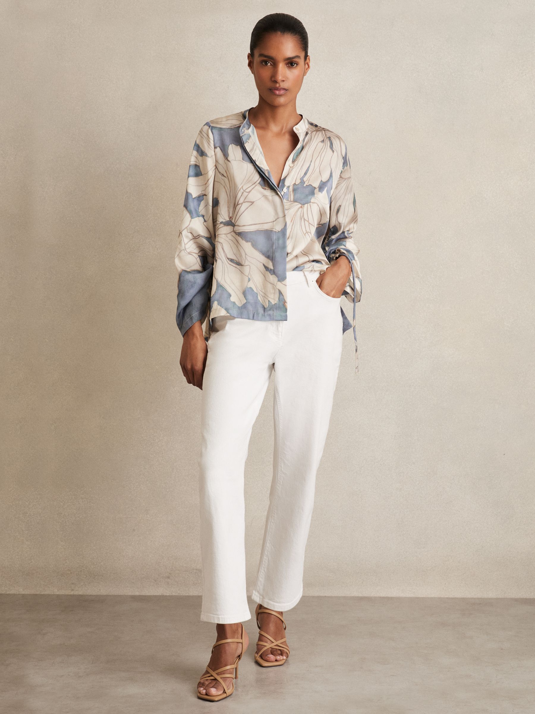 Floral Print Gathered Cut Out Shirt in Blue - image 5