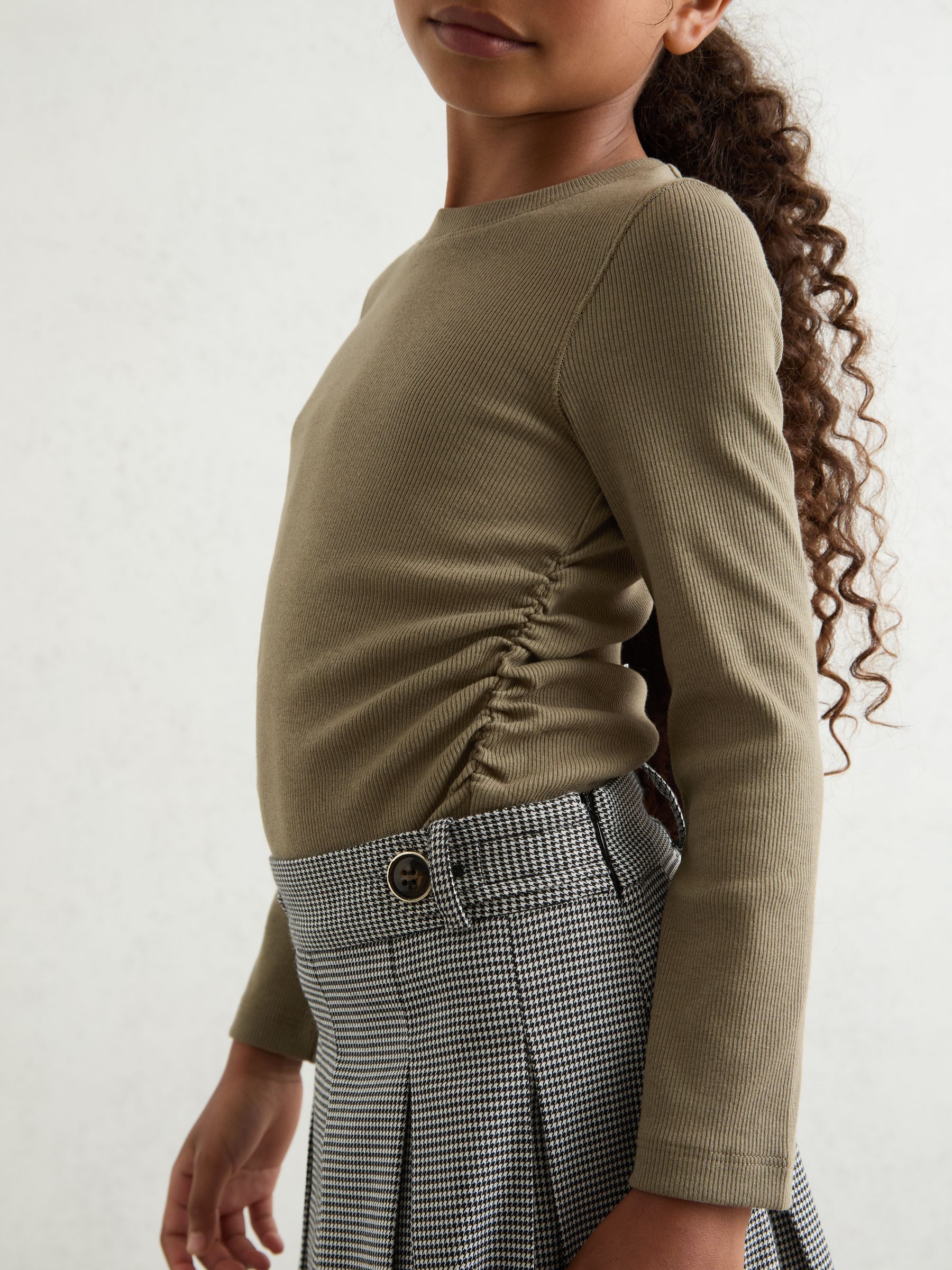 4-9 yrs Cotton Ruched Long-Sleeve T-Shirt with Stretch in Khaki - Image 1 of 4