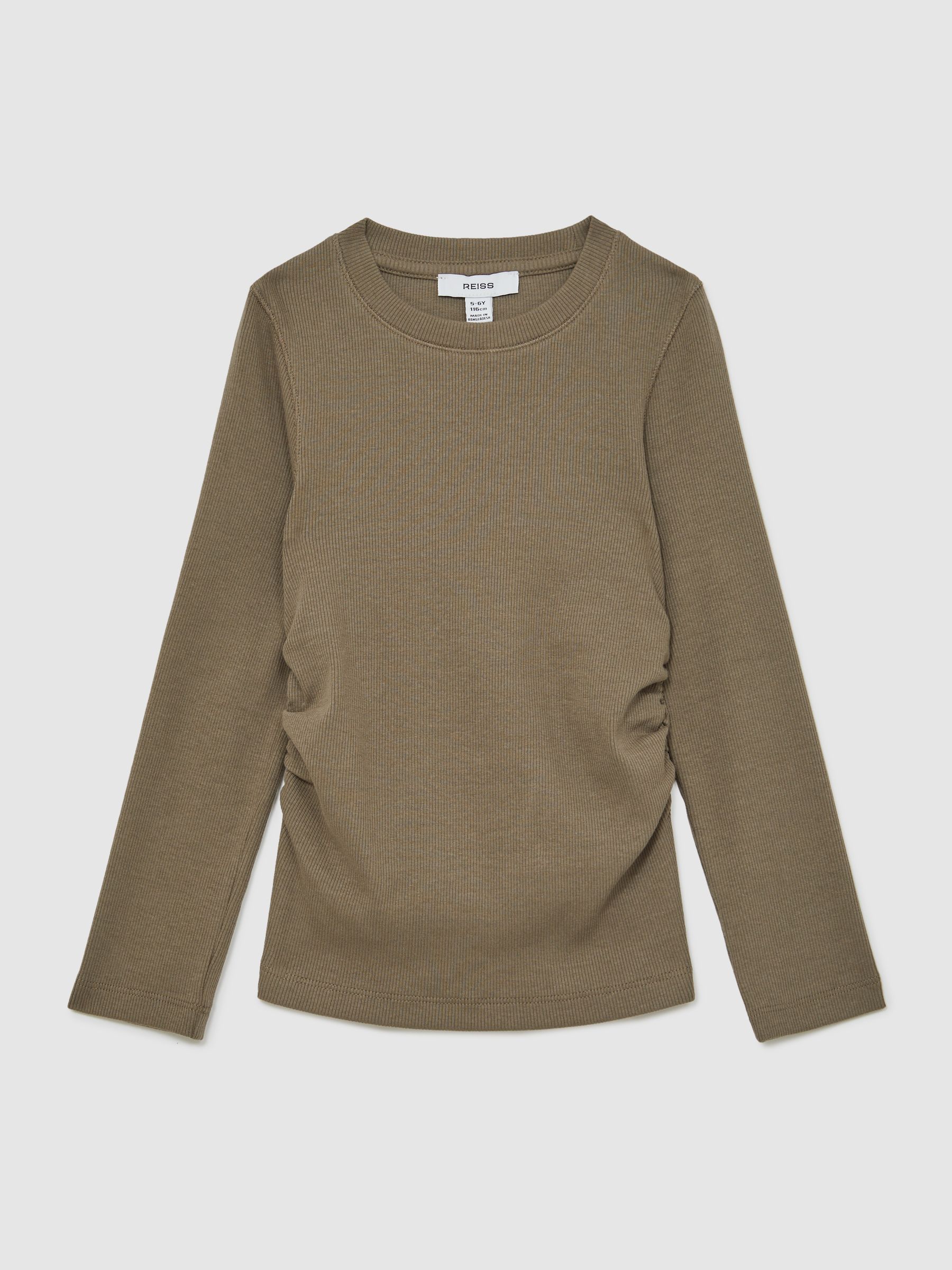4-9 yrs Cotton Ruched Long-Sleeve T-Shirt with Stretch in Khaki - Image 2 of 4