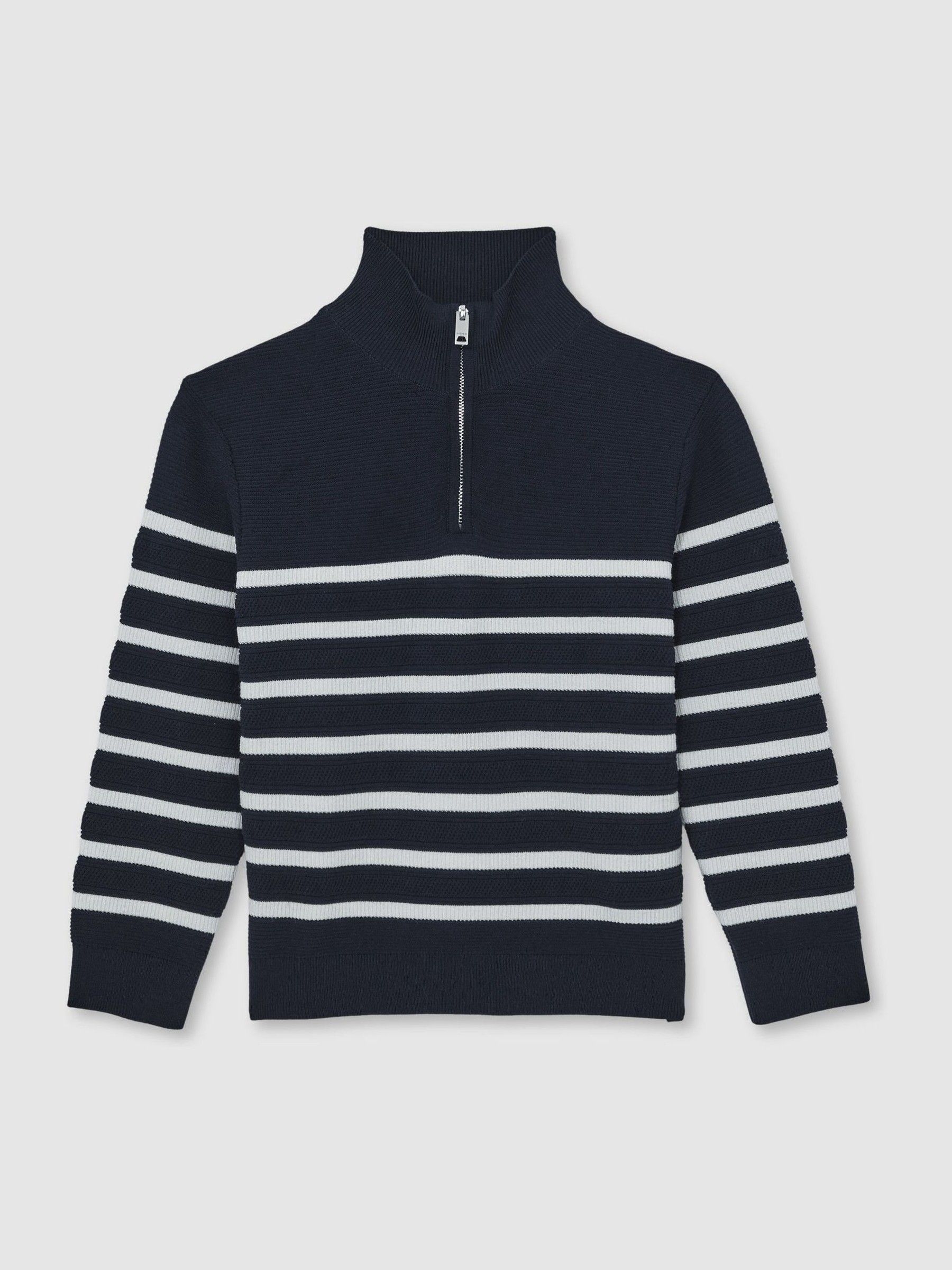 13-14 yrs Cotton-Blend Stripe Half-Zip Jumper in Navy/Off White - Image 1 of 4 13-14 yrs Cotton-Blend Stripe Half-Zip Jumper in Navy/Off White - Image 1 of 4