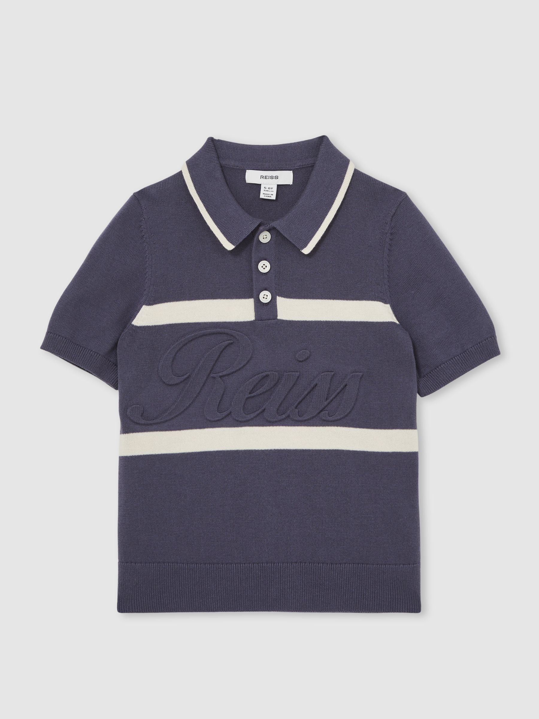 13-14 yrs Cotton Logo-Embossed Knit Polo Shirt in Indigo Blue/White - Image 1 of 4