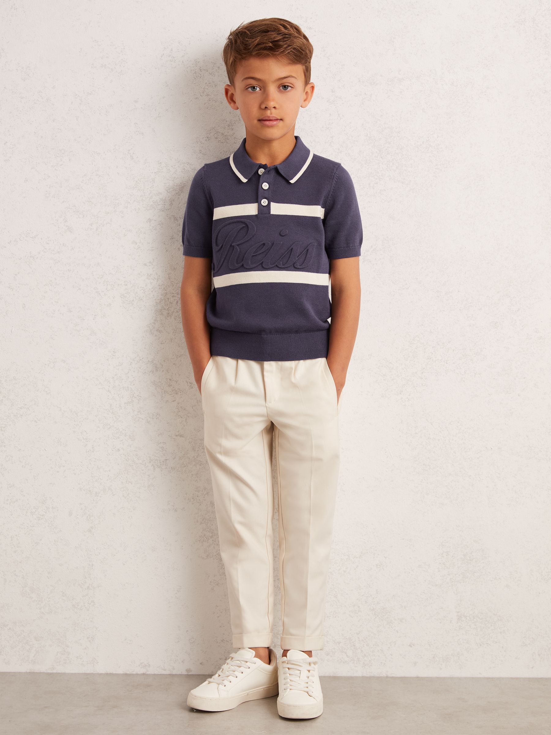 13-14 yrs Cotton Logo-Embossed Knit Polo Shirt in Indigo Blue/White - Image 2 of 4