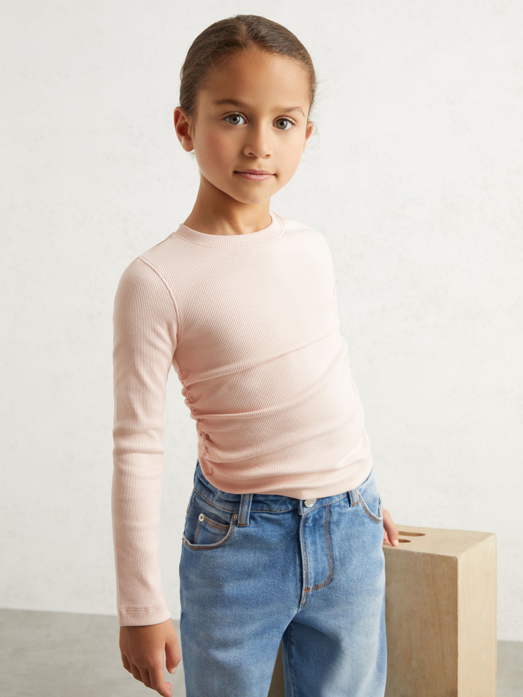 4-9 yrs Cotton Ruched Long-Sleeve T-Shirt with Stretch in Pale Pink - Image 1 of 4