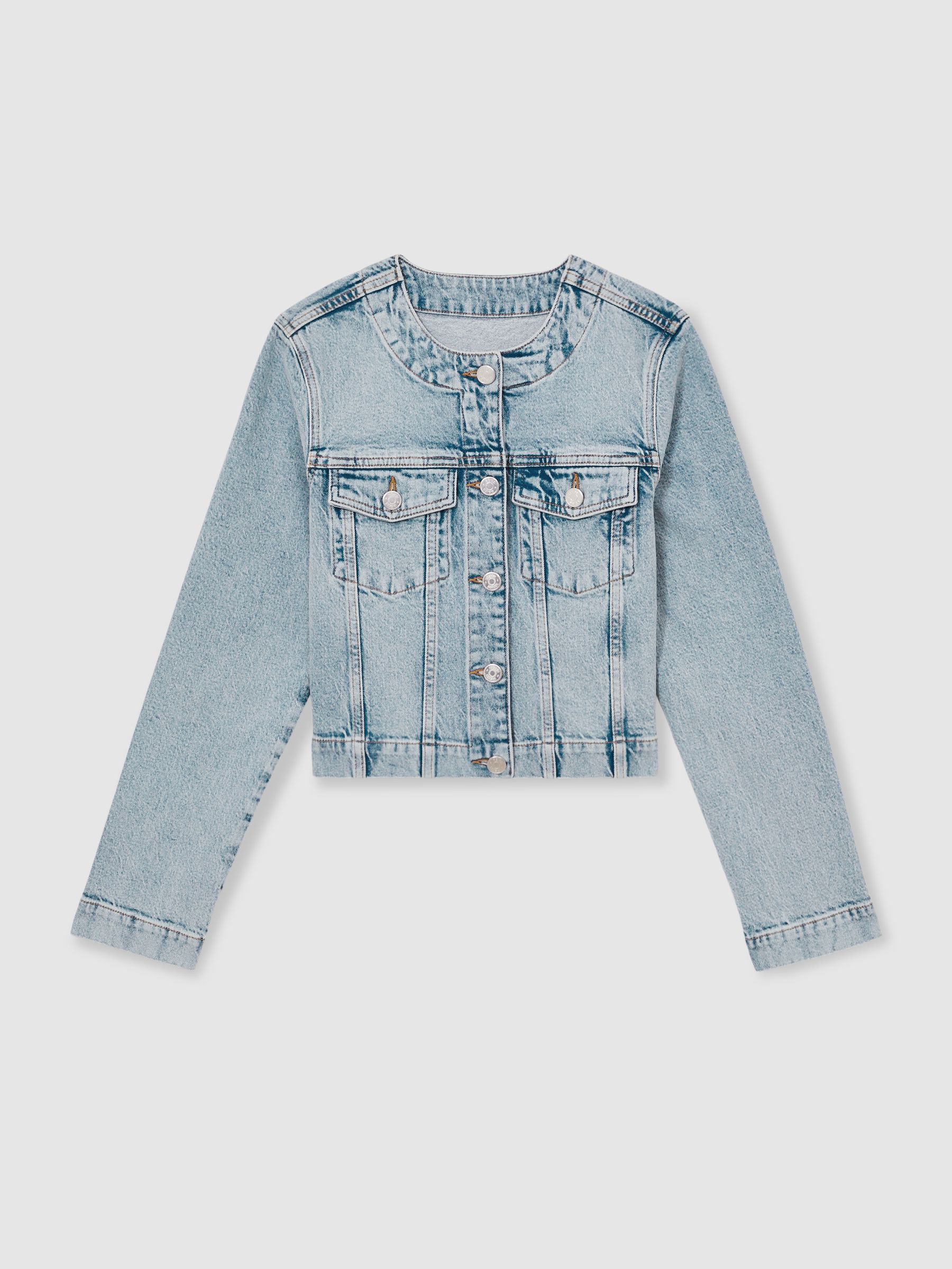 【海外限定】REISSデニムジャケット☆Medora Collarless Cropped Reiss Collarless Cropped Denim Jacket in Light Blue | REISS
