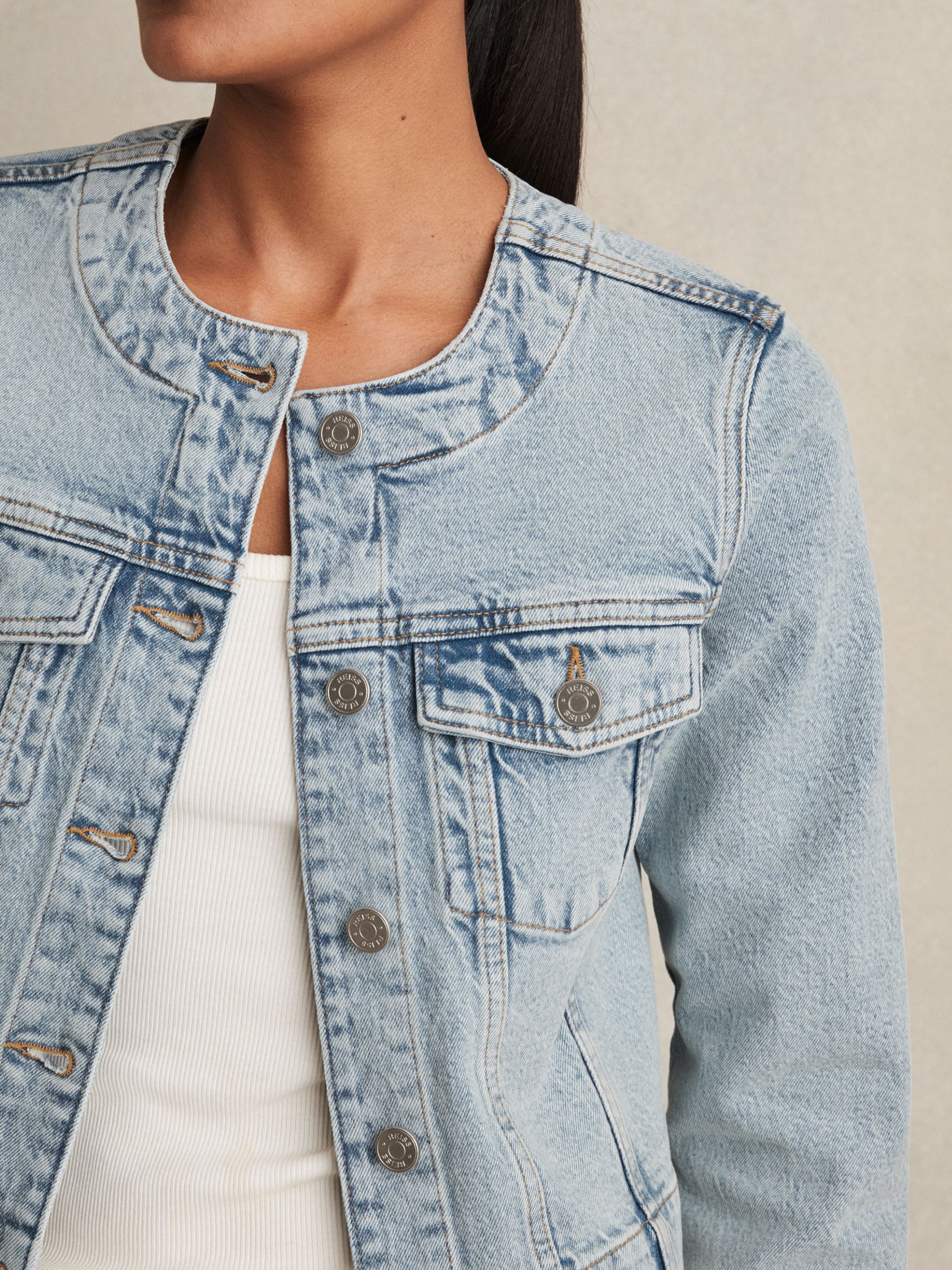Collarless Cropped Denim Jacket in Light Blue - Image 4 of 7