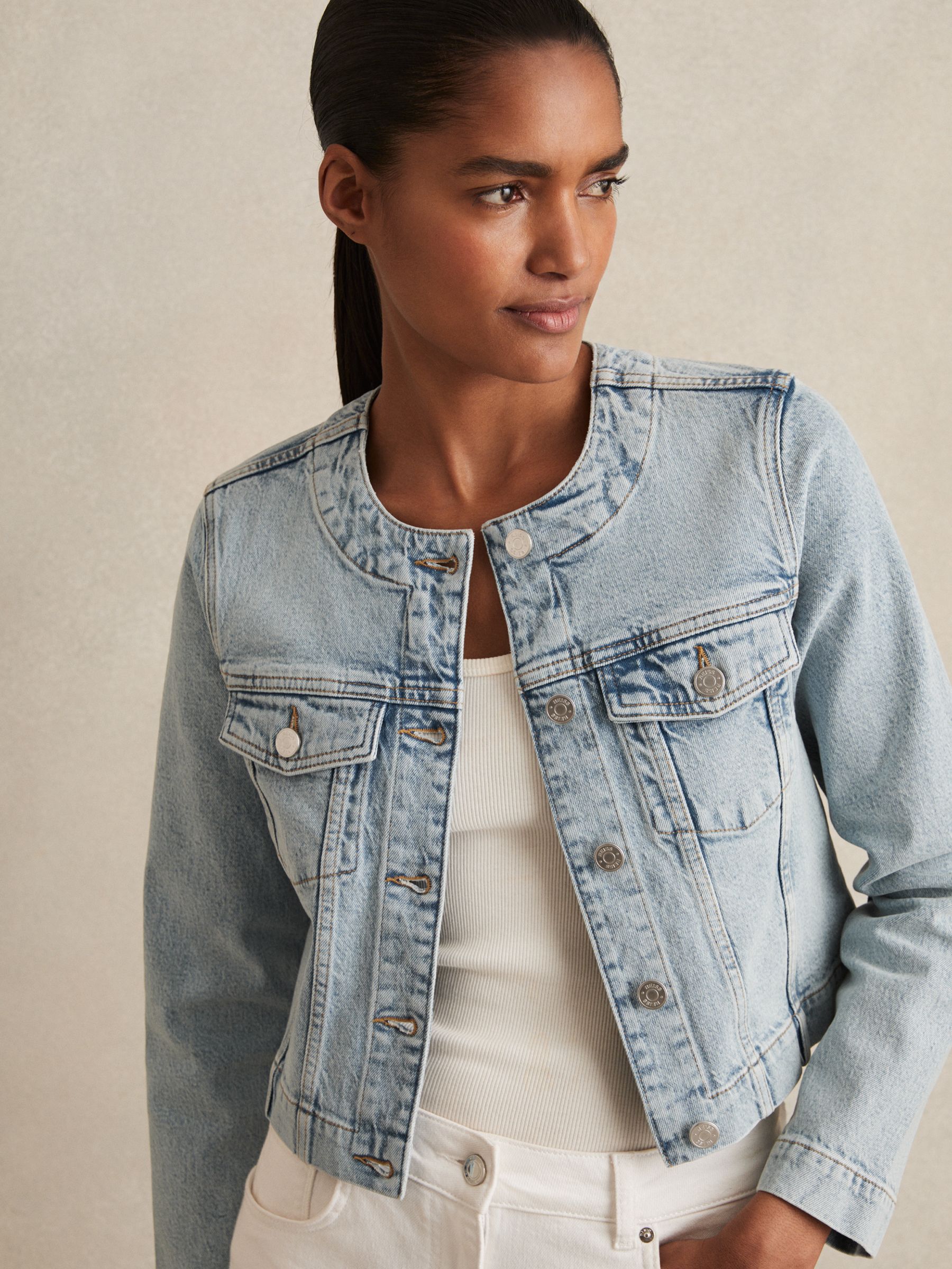 Collarless Cropped Denim Jacket in Light Blue - Image 6 of 7
