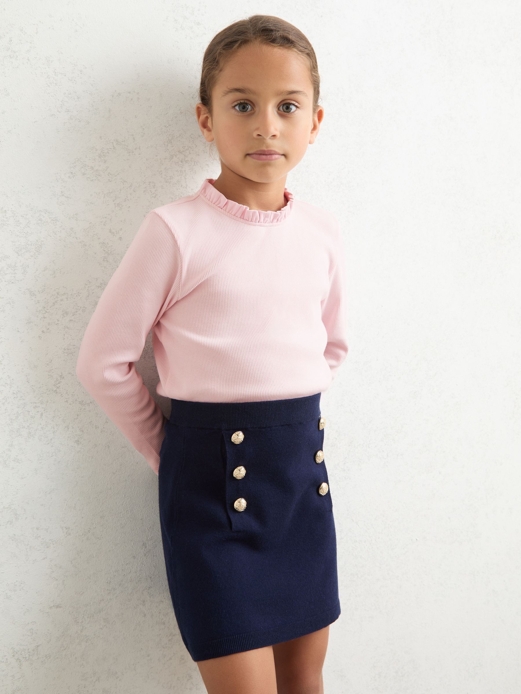 13-14 yrs Stretch-Cotton Ruffle-Neck Top in Pink - Image 1 of 4