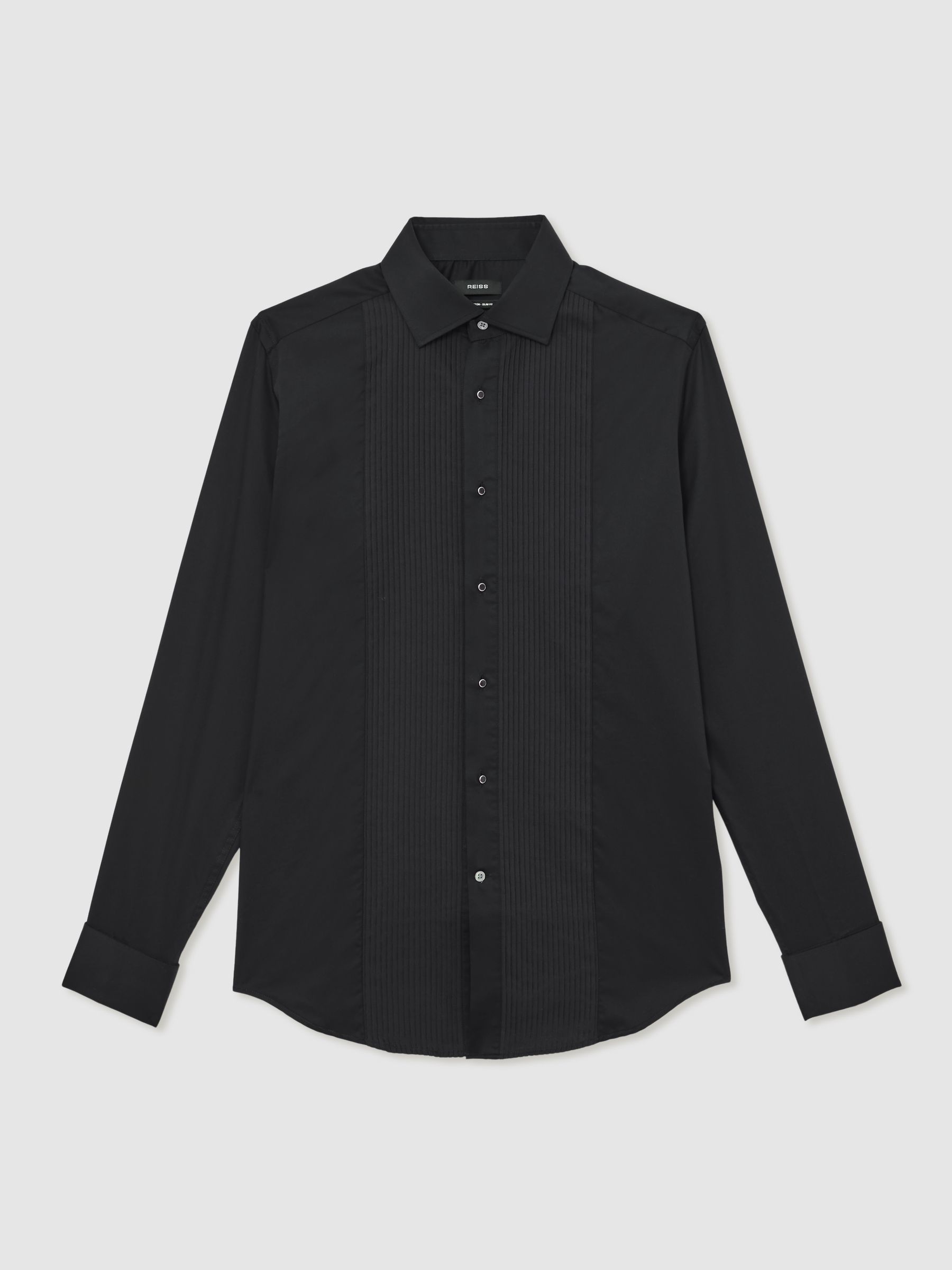 Slim Fit Cotton Double-Cuff Dinner Shirt in Black - Image 2 of 7